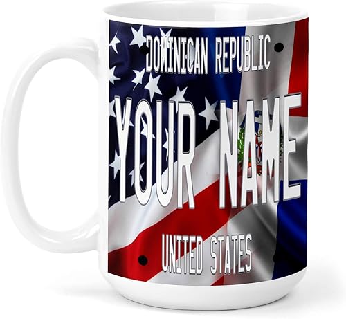Bleu Reign Taza de cerámica de 15 oz con nombre personalizado con bandera mixta de Estados Unidos y República Dominicana