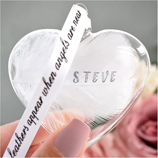 A White Fluffy Feather Heart Personalized Handstamped Name Date Blessings Ornament Bauble/Traditional Decoration Keepsake. Handcrafted Ink Stamped Feather.