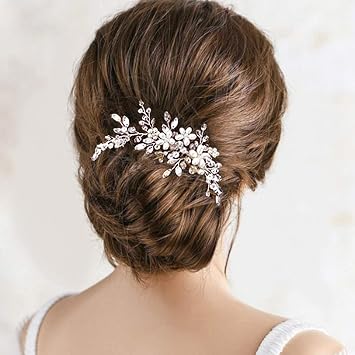 Bride Wedding Hair Comb, Pearl Flower Hair Piece Rhinestone Bridal Accessories, For Women Gift Party Accessories Silver