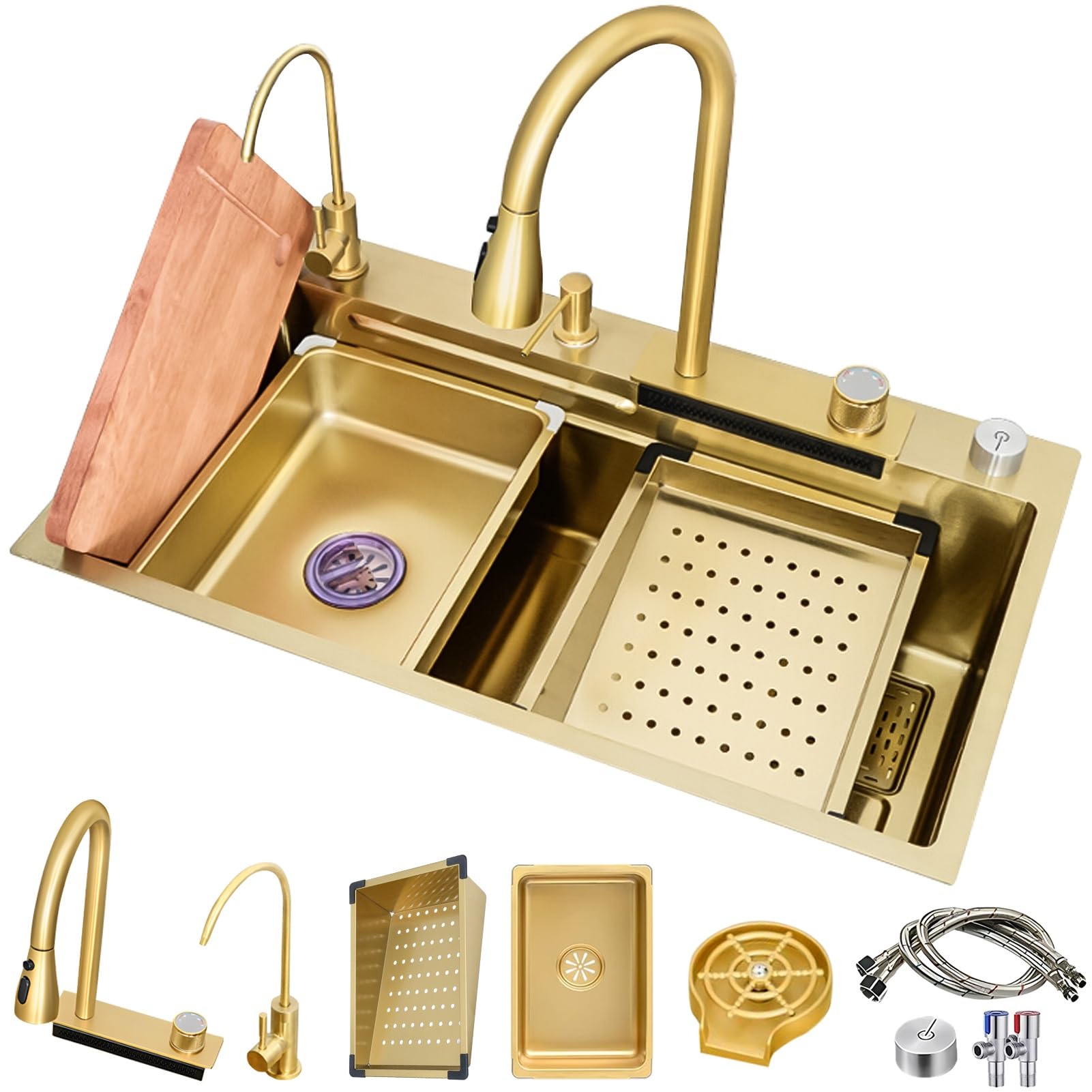 ZQFHSX Stainless Steel Golden Kitchen Sink, Single Bowl Waterfall Home Vegetable Basin Workstation With Pull-Out Faucet, Cup Washer(68x45x21cm)