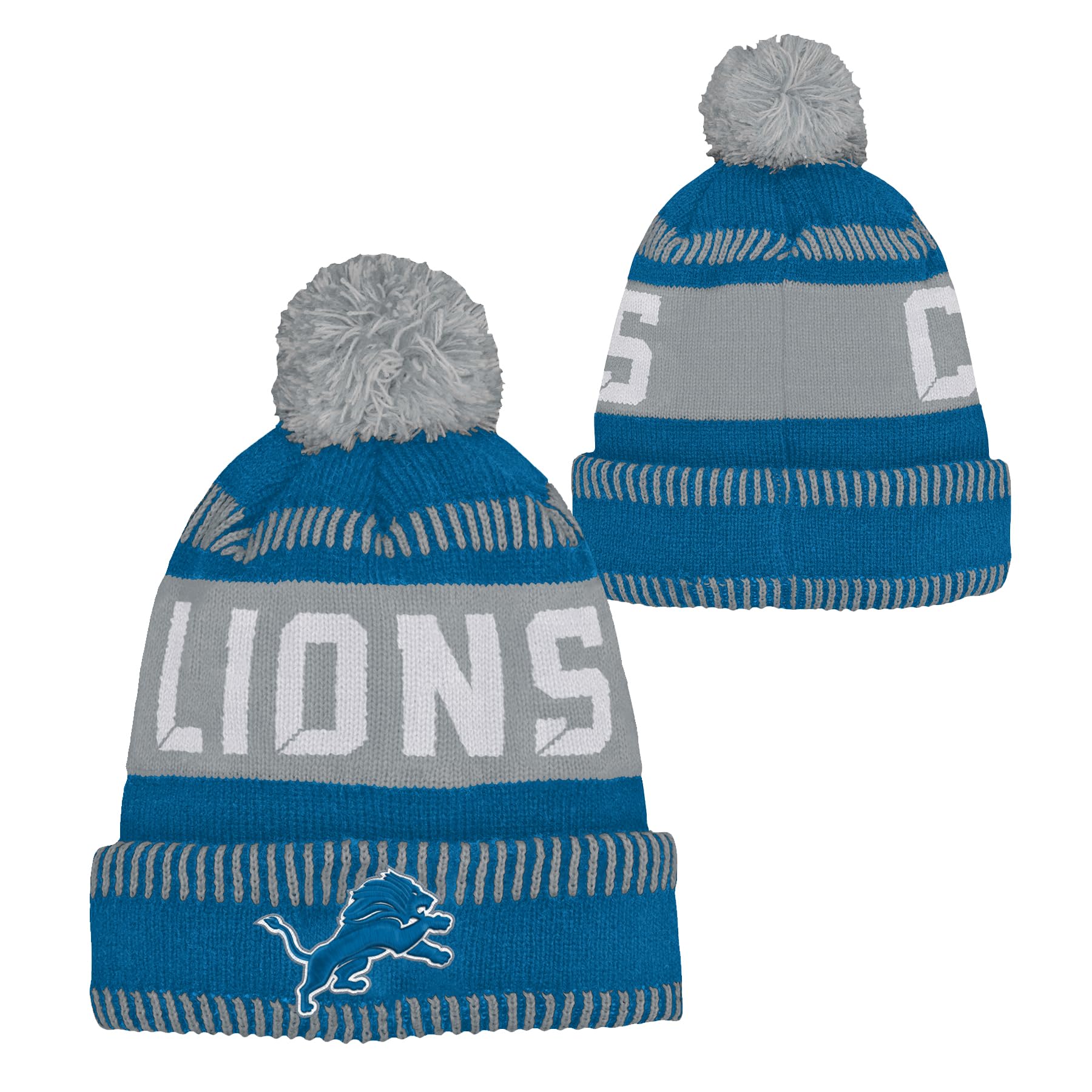 Outerstuff Detroit Lions Nfl Kids Youth 8-20 Hat One Size Team Color Primary Logo Official Sport Tech Knit Cold Weather Football Bobble Hat, One Size