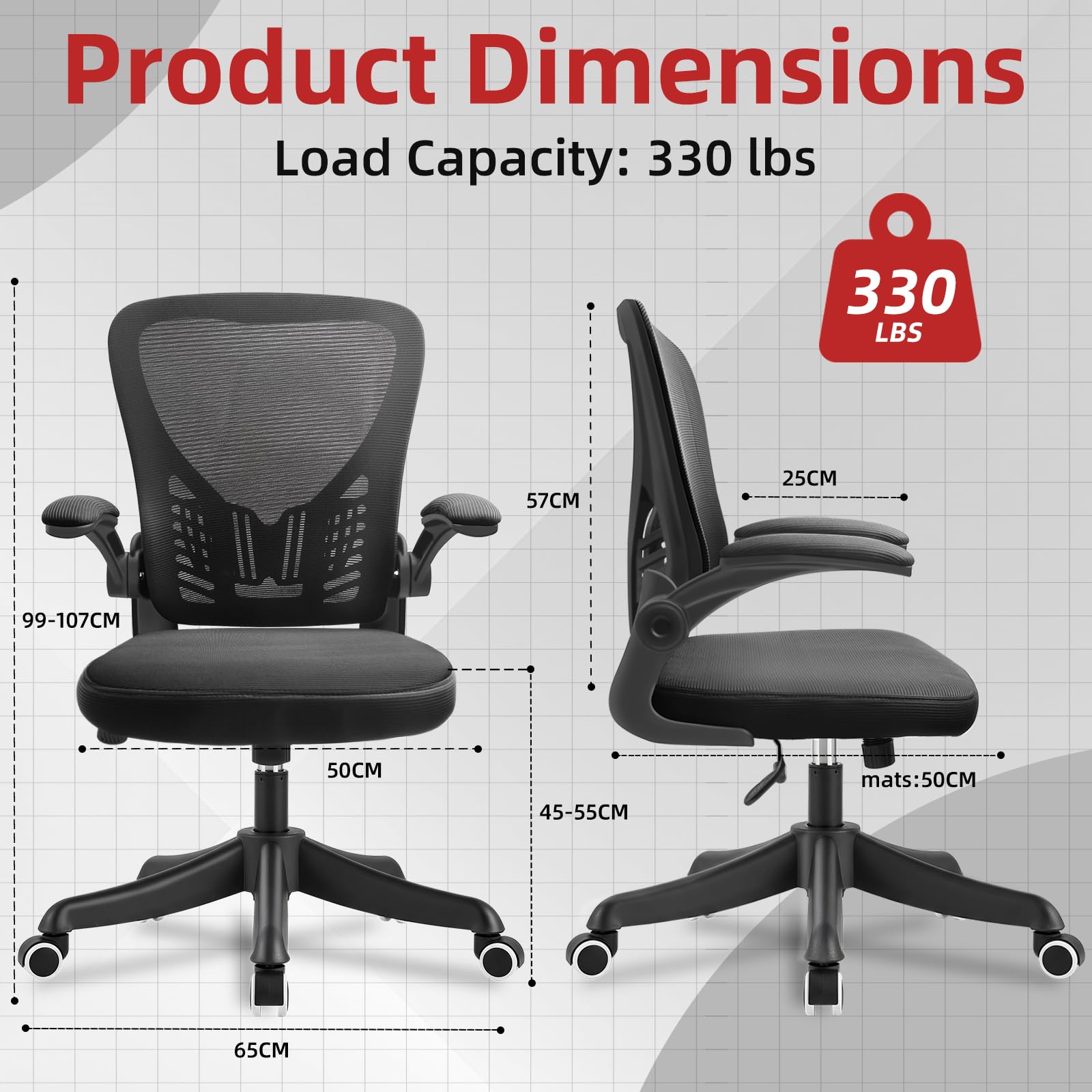 Silla de Oficina Ergonómica con Soporte Lumbar Regulable, Brazos Abatibles 90°, Tapicería de Malla Transpirable, Negro