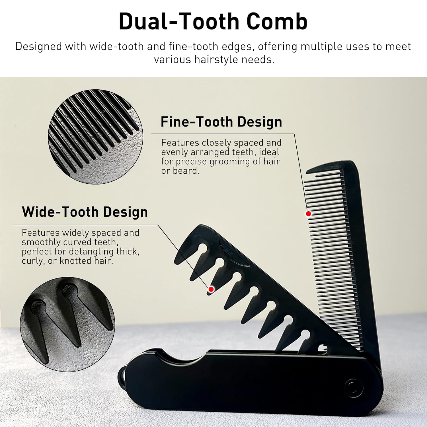 2-in-1 Men's Protable Folding Pocket Comb - Black, Fine & Wide Tooth Comb for Hair and Beard Grooming
