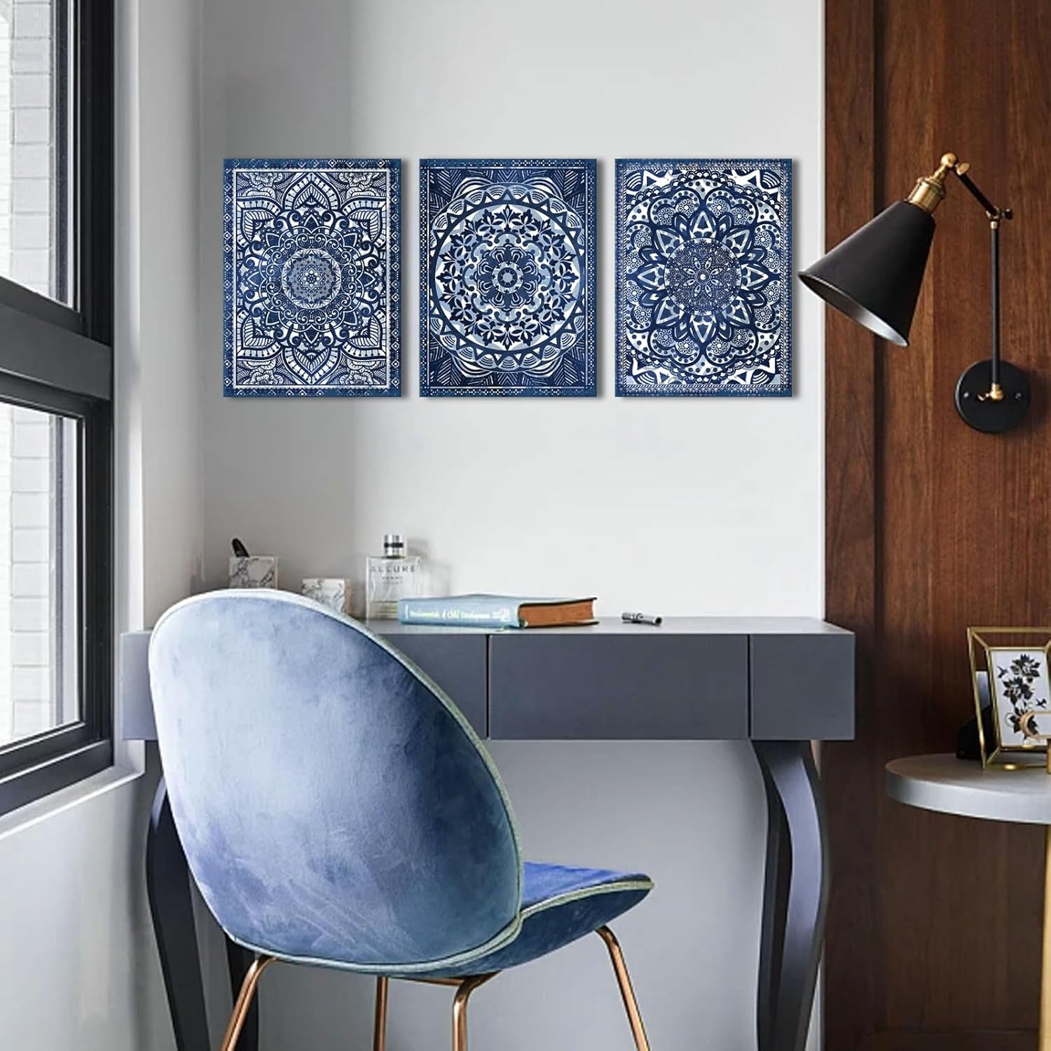 mofutinpo navy blue wall decor with talavera, mandala, and moroccan art prints - vintage wall art for bohemian, and mexican decor - elegant artistic wall decorations for home navy blue 11l" x 15w"
