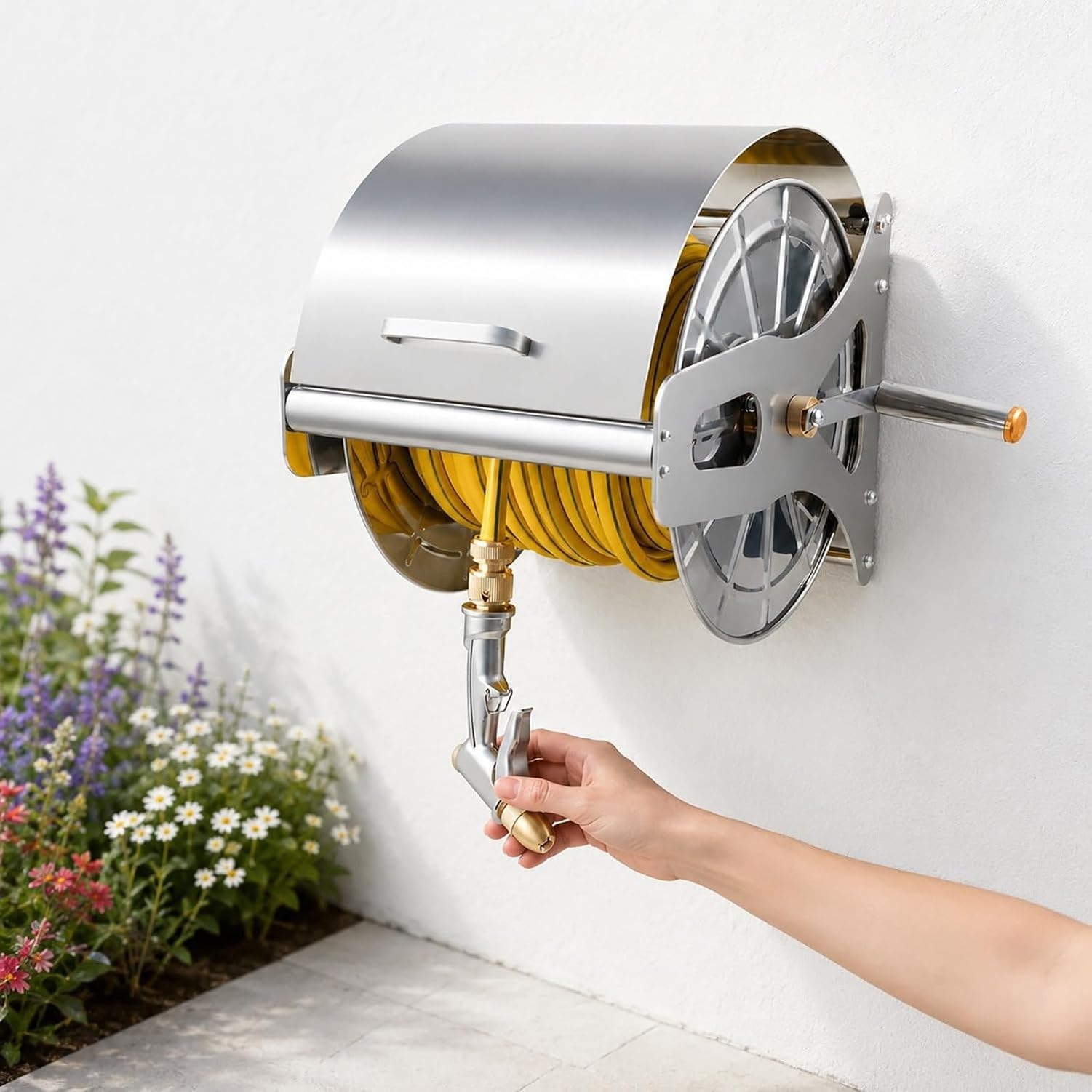 Carrete Manual de Acero Inoxidable para Manguera de 1/2 Pulgada, con Instalación en Pared o Suelo y Cubierta Protectora, Longitudes de 10, 20, 30 o 40 Metros, 30m, 30m