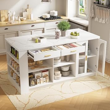 HUATOL 71" Large Imitation Marble Dining Table with Storage, Kitchen Island with Power Outlet & LED Lights, Stationary Island Cabinet for Home Kitchen Living Room.
