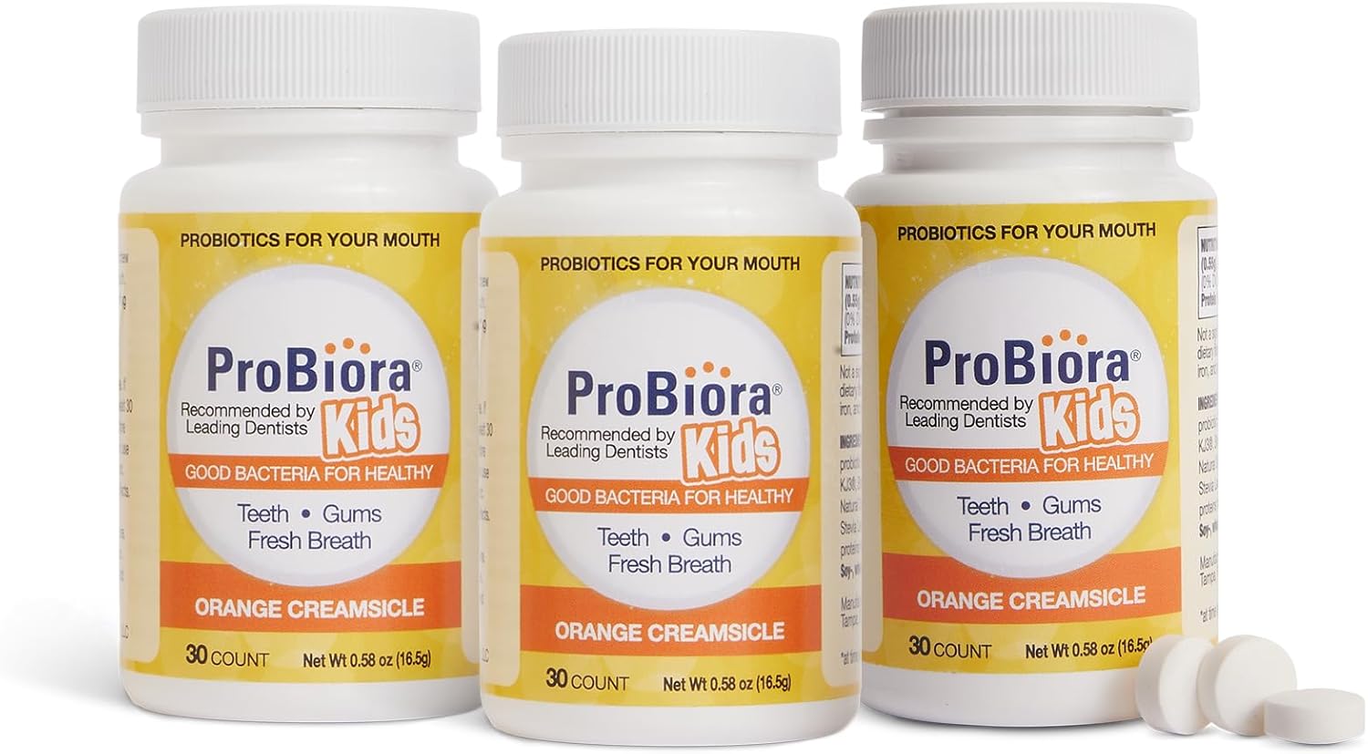 ProBiora Kids Oral-Care Chewable Probiotic Tablets | Probiotic Supplement Designed Specifically for Kids | Healthier Teeth & Gums | Fresher Breath | Whiter Teeth (30 Count (Pack of 3), Orange) ProBiora Kids Oral-Care Chewable Probiotic Tablets | Probiotic Supplement Designed Specifically for Kids | Healthier Teeth & Gums | Fresher Breath | Whiter Teeth (30 Count (Pack of 3), Orange)