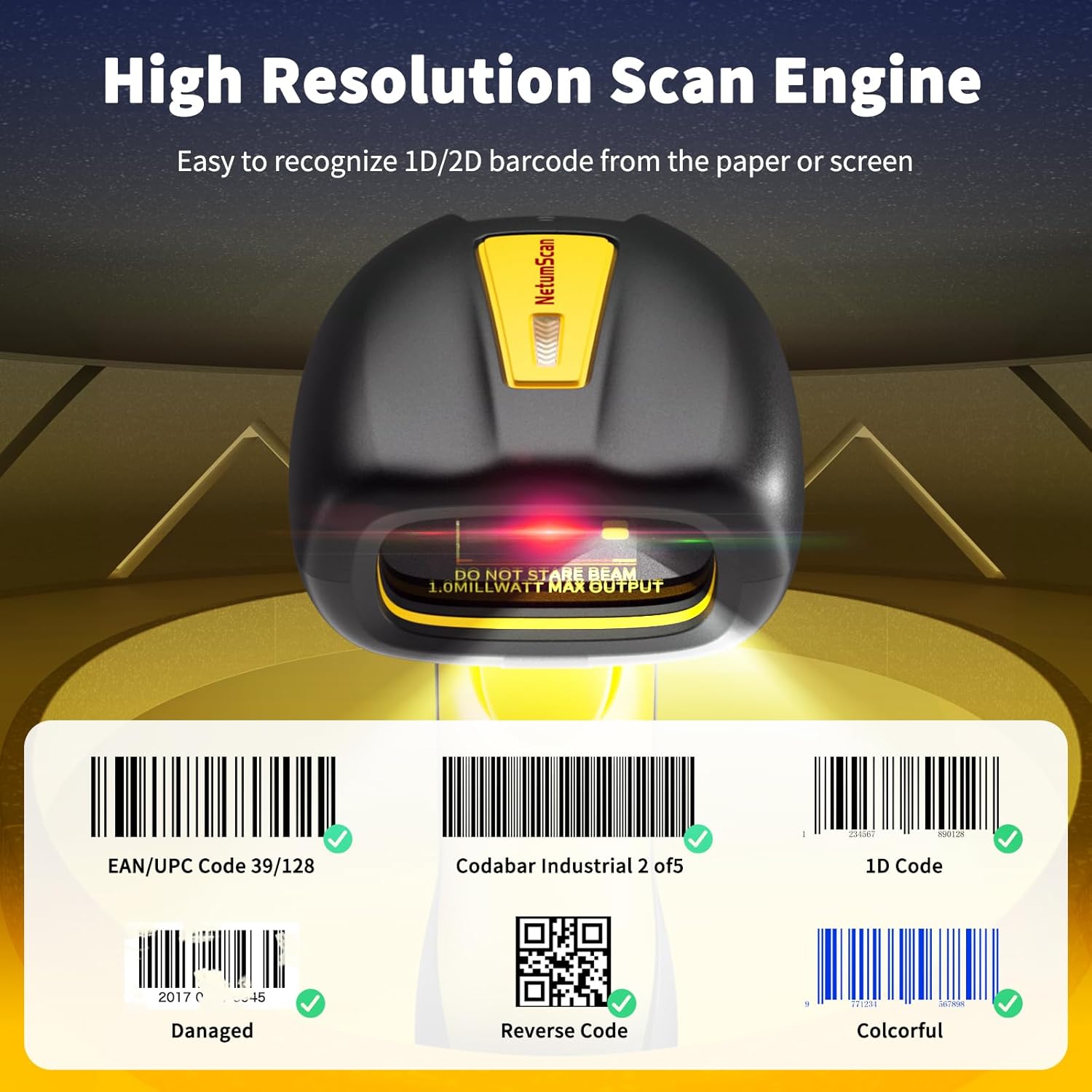 NetumScan Industrial Bluetooth QR Barcode Scanner, IP67 Waterproof & 7M Drop Proof, 2600mAh Wireless 1D 2D Bar Code Scanner with Charging Stand for Store, POS, Computer, iPhone, Android RD-1288(NS)