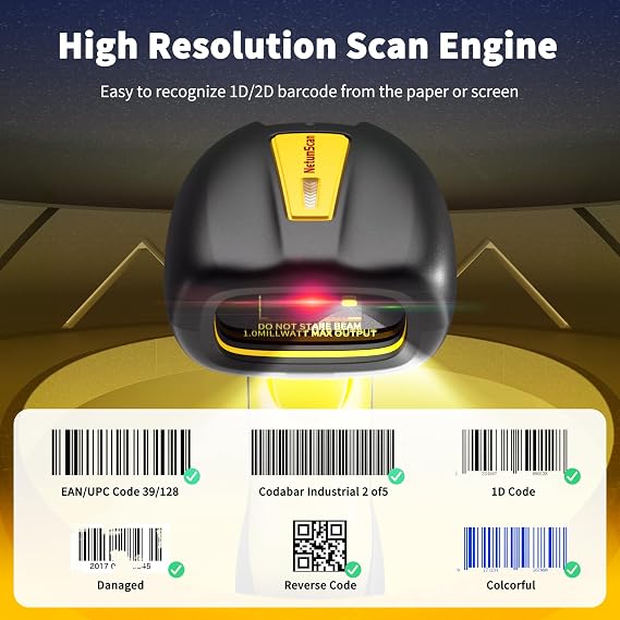 NetumScan Industrial Bluetooth QR Barcode Scanner, IP67 Waterproof & 7M Drop Proof, 2600mAh Wireless 1D 2D Bar Code Scanner with Charging Stand for Store, POS, Computer, iPhone, Android RD-1288(NS)