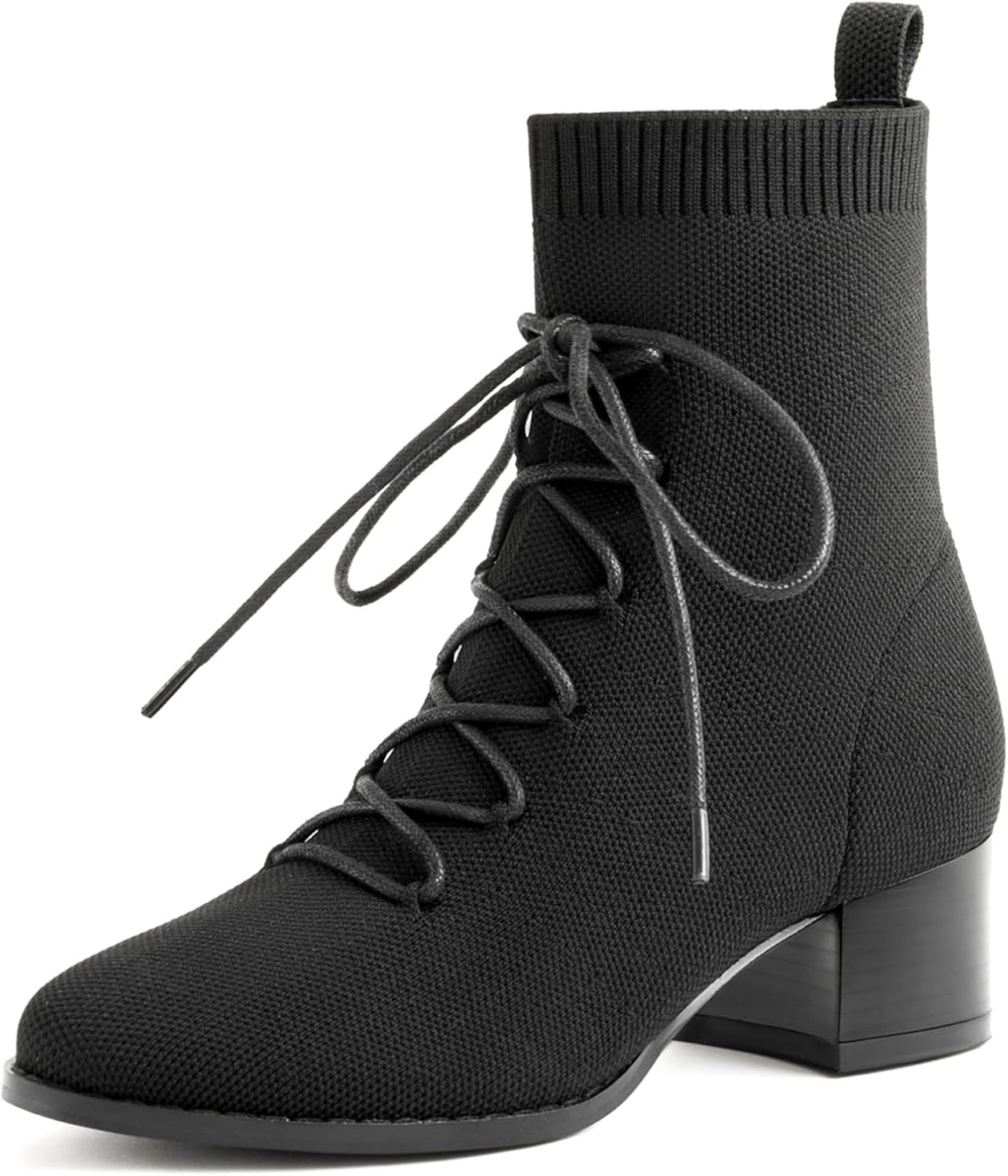 Women Knit Lace-Up Ankle Boots with Chunky Block Heel, Almond Round Toe Fashion Ladies Dressy Heeled Booties