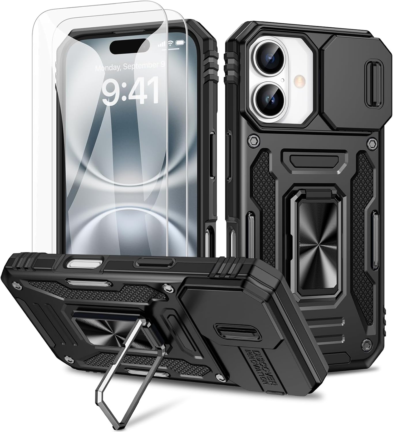 Doeshine for iPhone 16 Case, 2 Pack Screen Protector, with 360° Rotate Ring Kickstand & Slide Camera… Doeshine for iPhone 16 Case, 2 Pack Screen Protector, with 360° Rotate Ring Kickstand & Slide Camera…