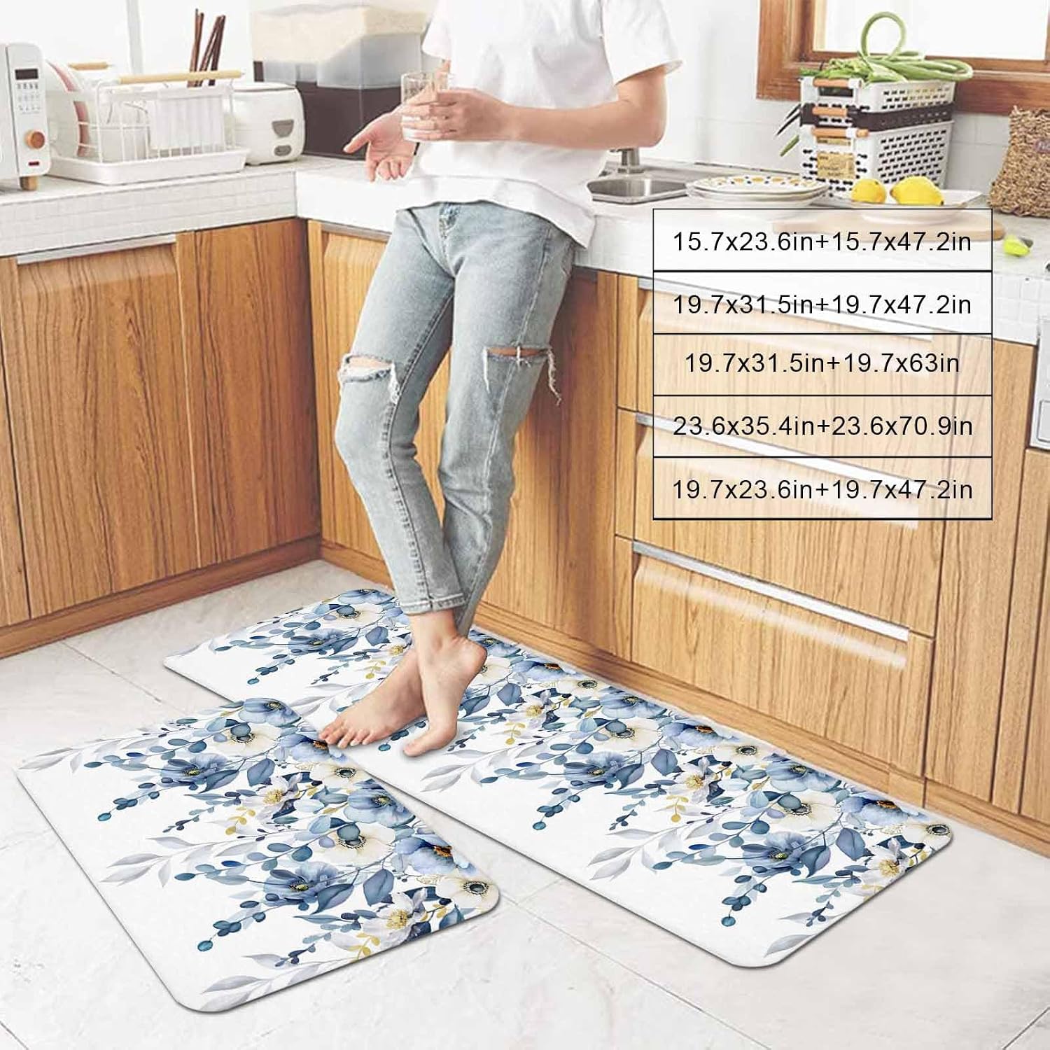 Prime Leader Spring Eucalyptus Leaves Kitchen Mat Set 2 Pieces Bohemian Watercolor Blue Leaf White Daisy Non Slip Kitchen Rugs Washable Runner Rug Mats for Sink Laundry (19.7" x 31.5"+19.7" x 63")