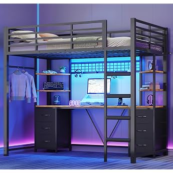 AOGLLATI Bunk Bed 90 x 200 cm with Integrated Desk Youth Bed Bunk Bed with Desk Loft Bed 90 x 200 cm with Storage Space