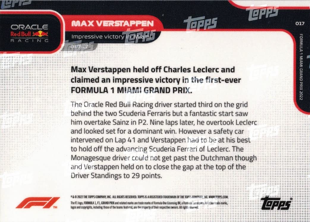 Amazon.com: 2022 Formula 1 F1 Topps Now #17 Max Verstappen Racing