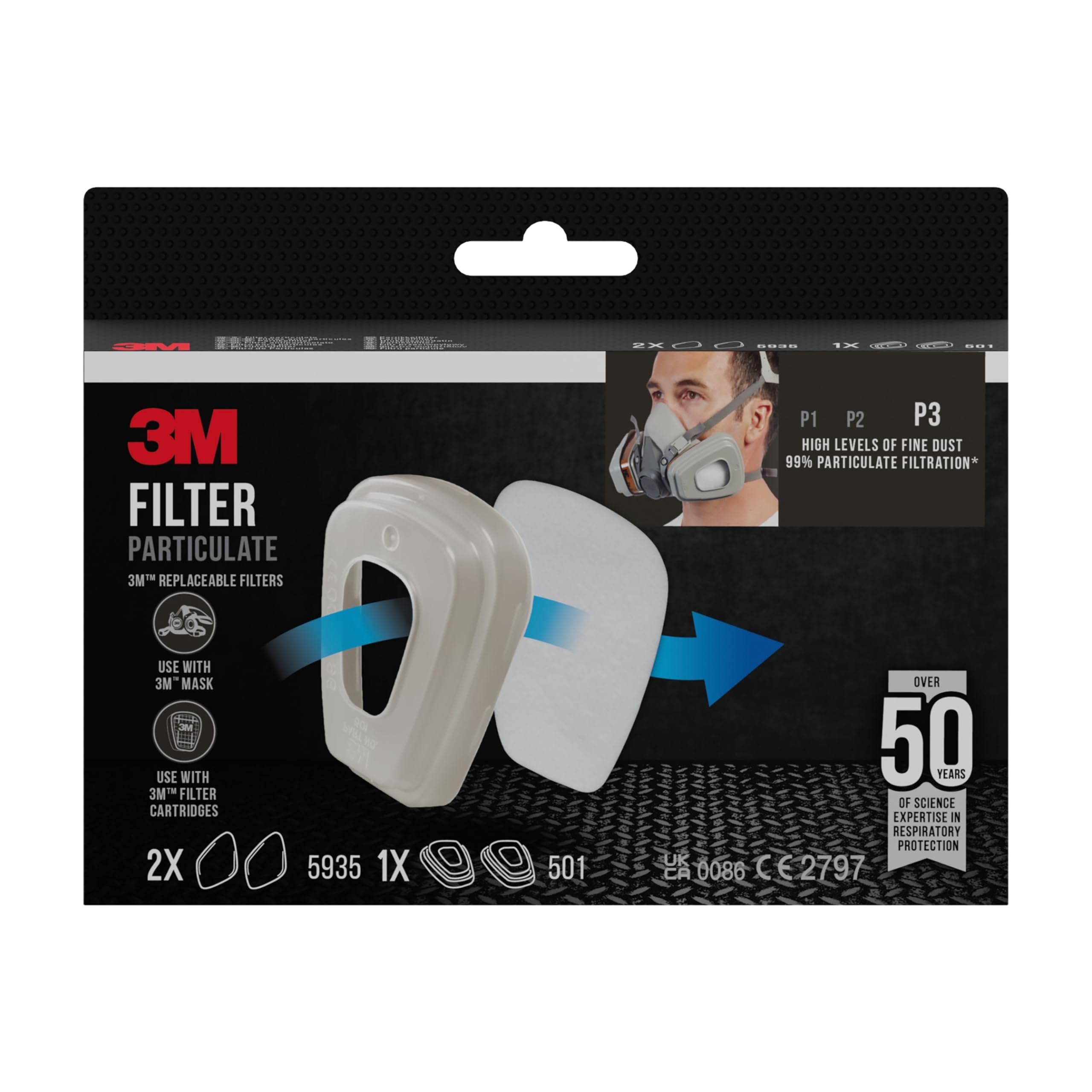 3M Filtr cząstek stałych 5935PRO2 – filtr drobnego pyłu o stopniu ochrony P3 do masek przeciwpyłowych 3M i filtrów gazowych – 1 para filtrów z innowacyjną technologią filtrowania