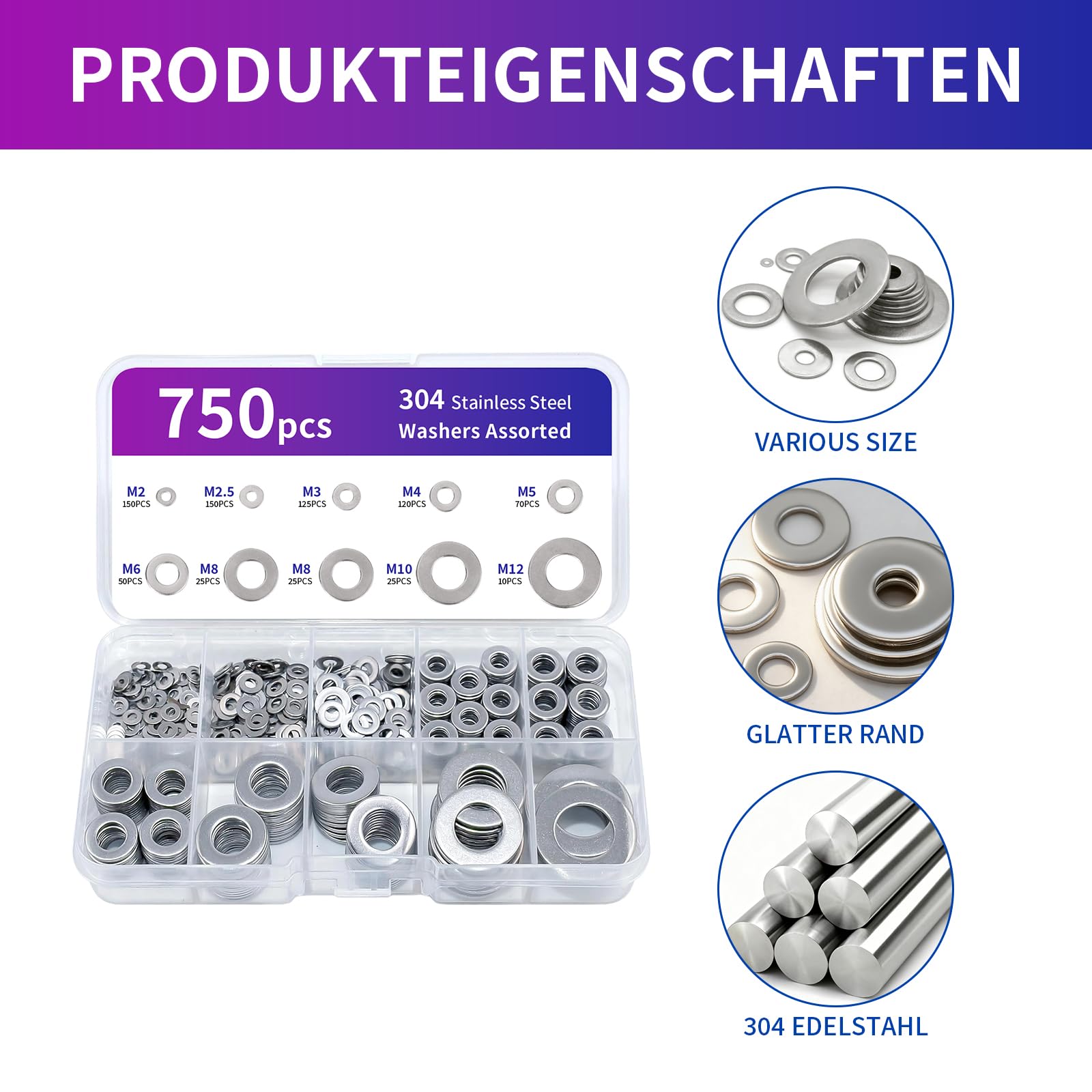 Dreamil Set di 750 Rondelle in Acciaio Inox, Rondelle Ondulate, Rondelle per Serraggio in Metallo, Rondelle per Viti, Dadi e Barre Filettate (M2-M12)