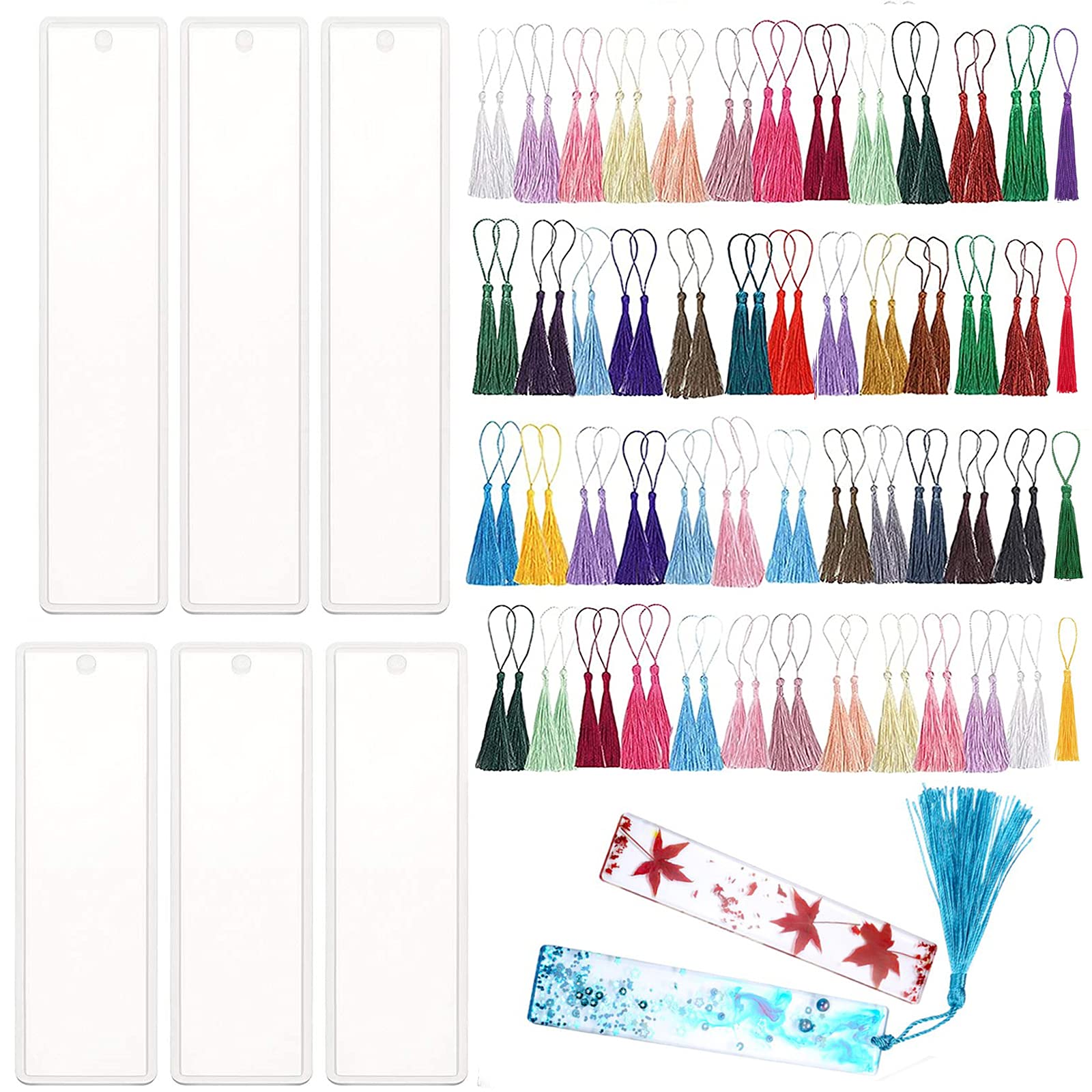 beifon 106Pcs Bookmark Epoxy Resin Mold Set with Colourful Tassel Bookmark Silicone Epoxy Making Mould Rectangle Resin Casting Mould for Jewelry Decoration Crafts DIY(6 * Molds + 100* Tassels)