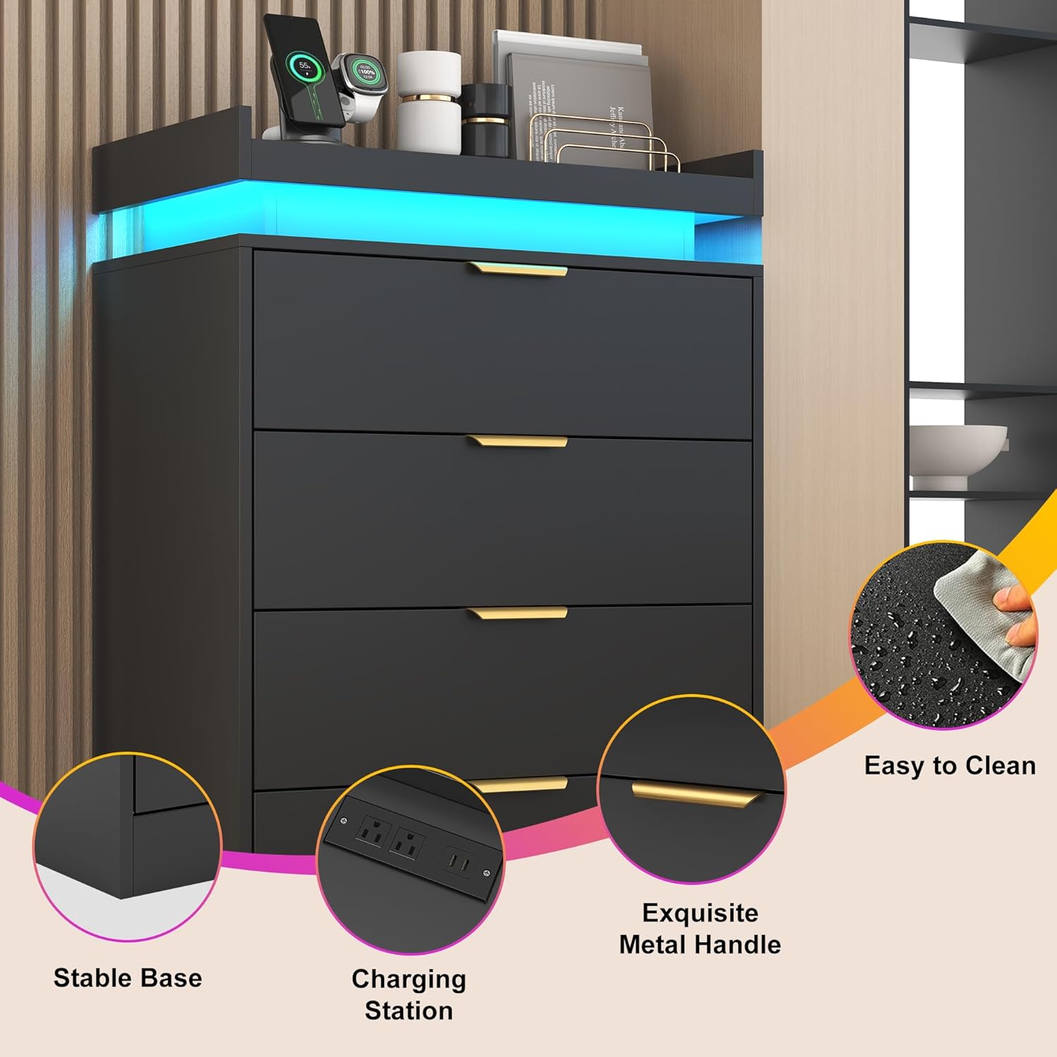 Dresser features including stable base, charging station, metal handle, and easy-to-clean surface