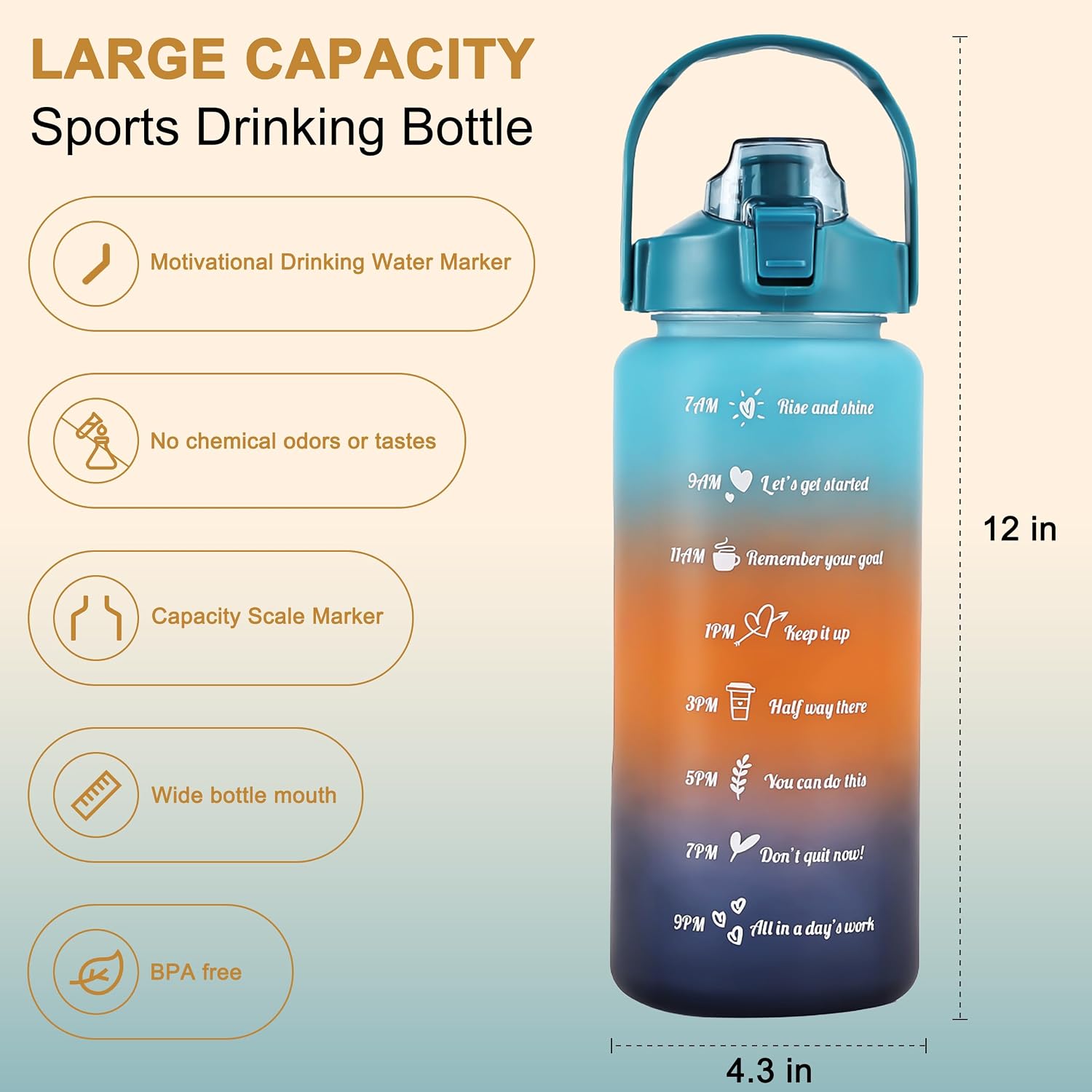 64 oz Motivational Water Bottle with Straw & Time Marker, Large BPA Free Leakproof Water Jug, Half Gallon Sports Water Bottle for Gym, Fitness, Hiking & Outdoor (Blue)