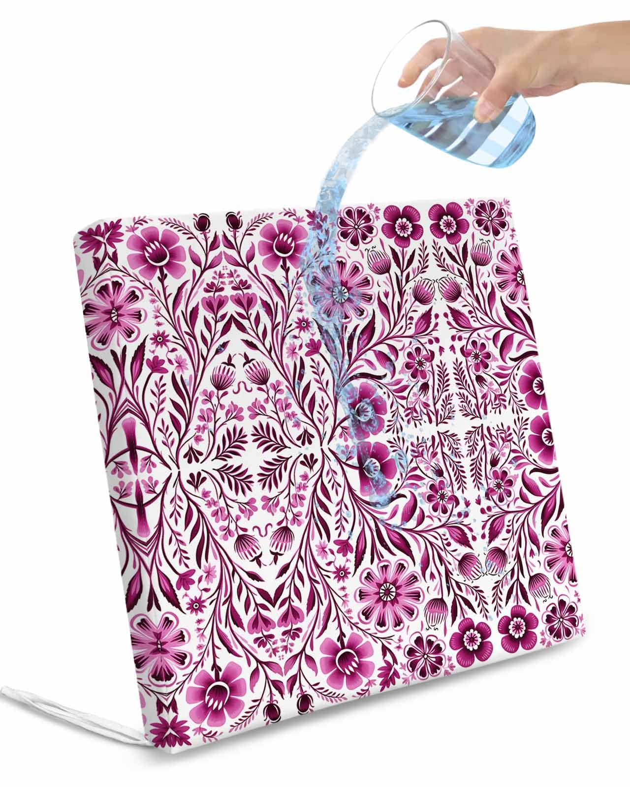 Boho Pink Flower 2 Pack Waterproof Cushion Covers with Ties, Outdoor Patio Chair Seat Cushion Slip Covers Replacement Spring Leaves Modern Minimalist White 22''x22''x4'',