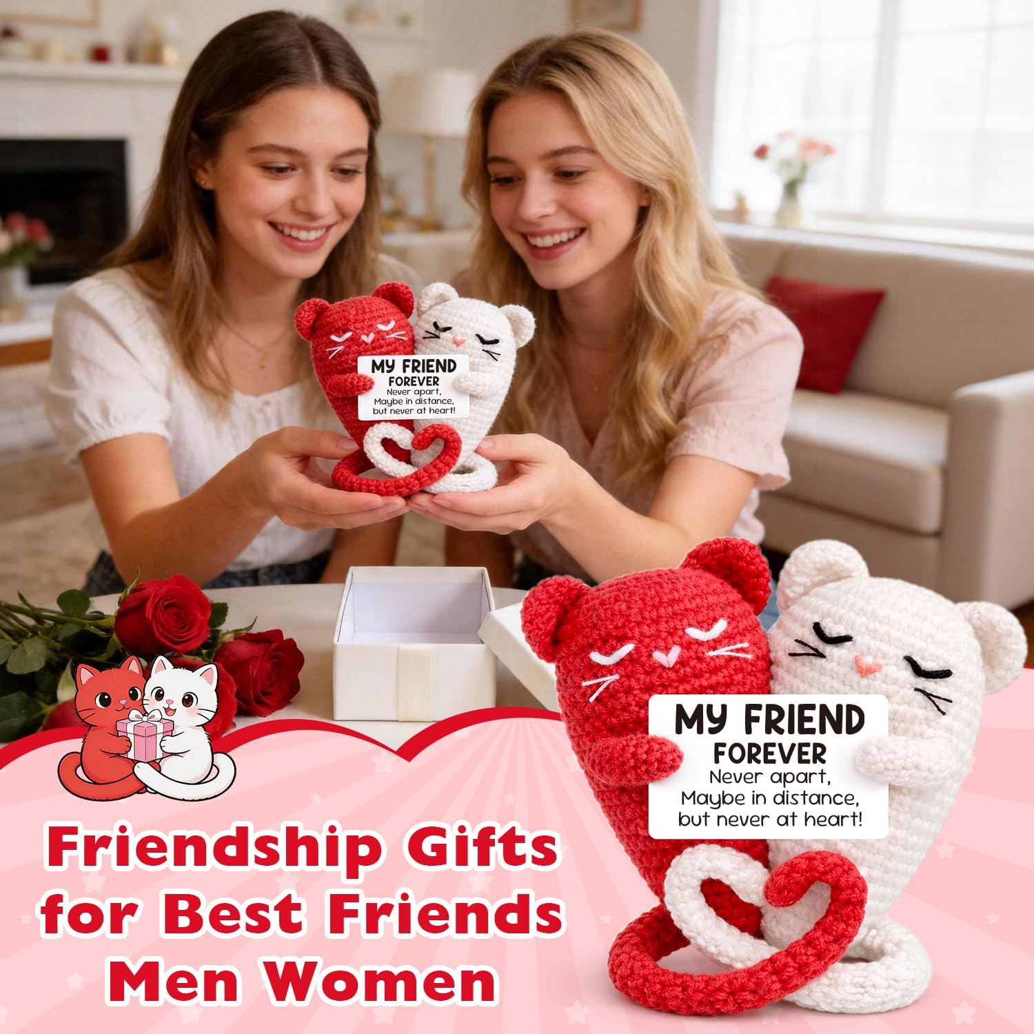 Busy Gaming Life Mothers Day Long Distance Friendship Birthday Gifts for Women Best Friend, Handcrafted Crochet Hugging Cats Keepsake, Moving Away Farewell Present for BFF Coworkers