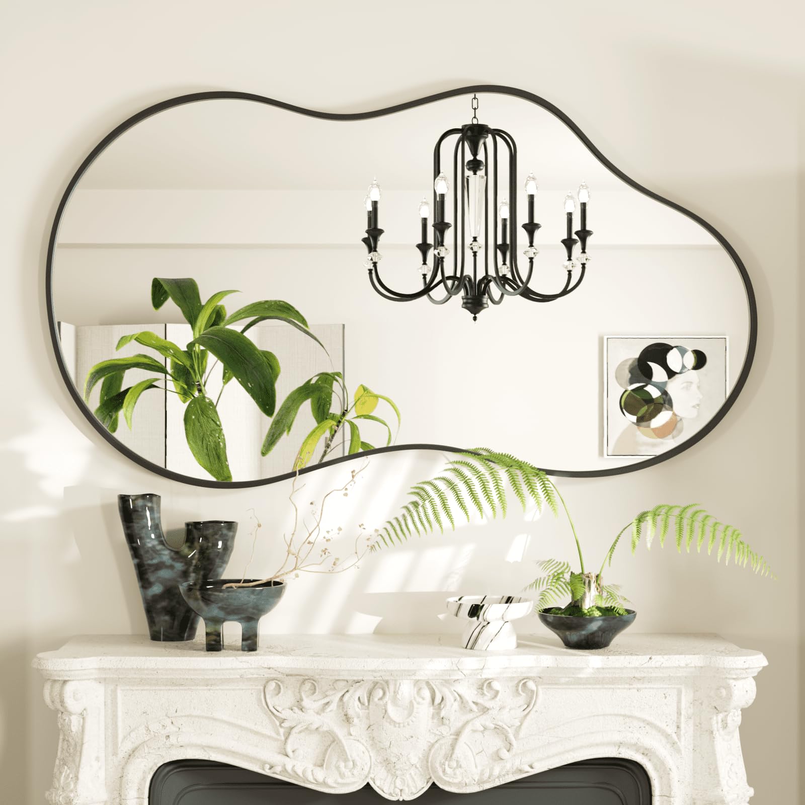 Snowdool Irregular Wall Mirror, Black Asymmetrical Wavy Mirror, 60x90cm Unique Cloud Frame Shape Decorative for Living Room, Hallway, Lounge, Bathroom & Bedroom
