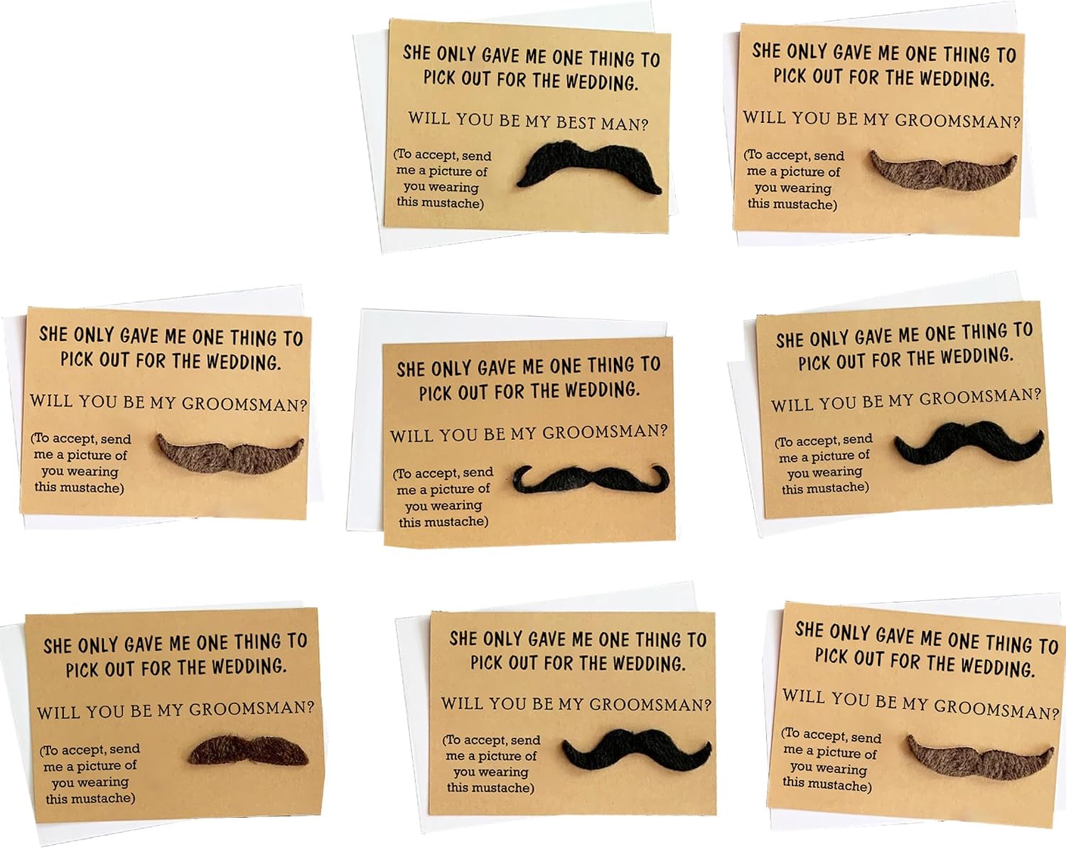 Heather & Willow Groomsmen Proposal Cards with Mustache — Set of 8 with Envelopes | 7 Will You Be My Groomsman & 1 Best Man Card | Funny 5x7 Kraft Photo Gift