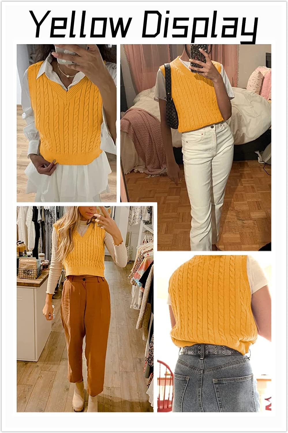 Lailezou Women's V-Neck Knit Sweater Vest Solid Color Argyle Plaid Preppy Style Sleeveless Crop Knit Vest
