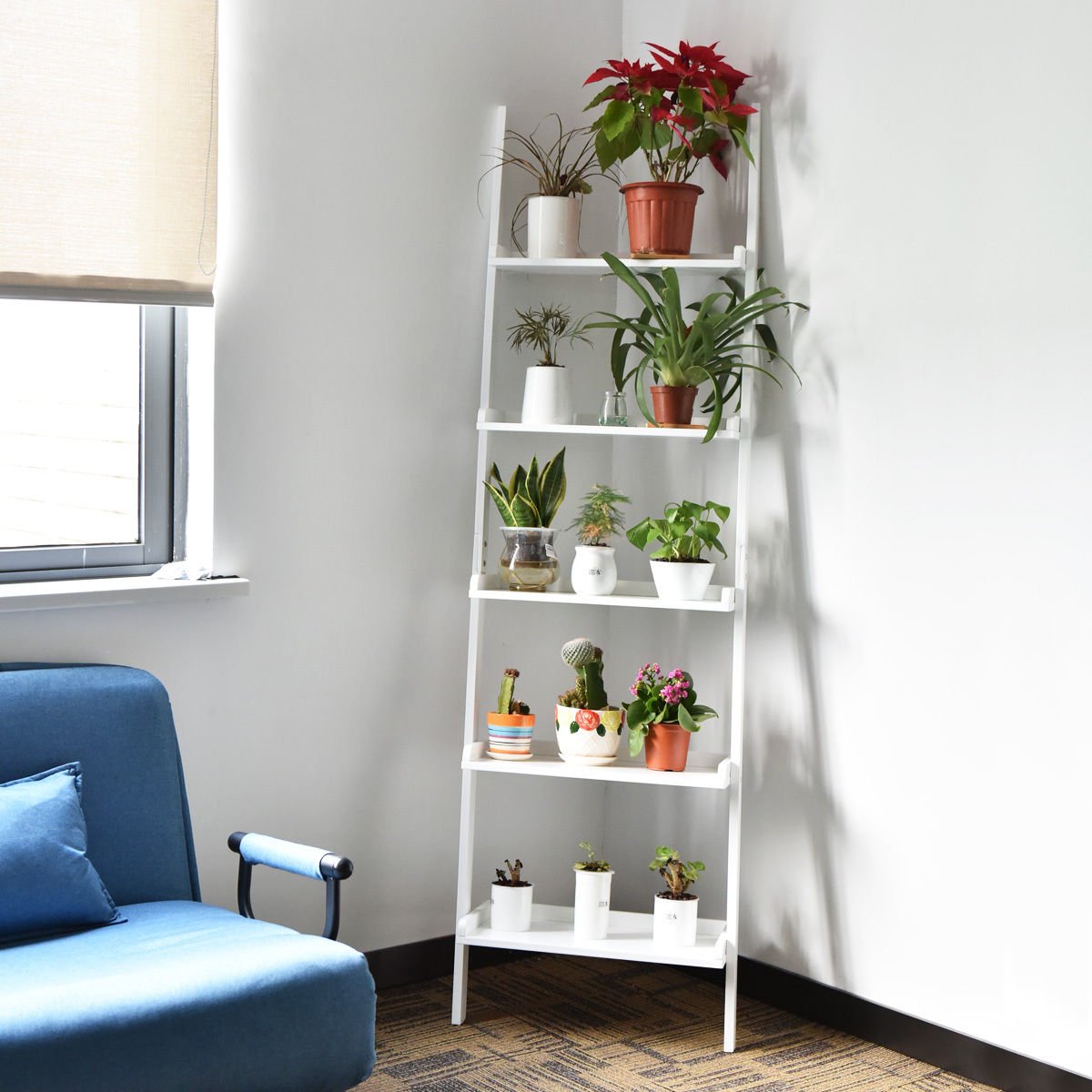 Tangkula Ladder Bookcase 5Tier Wood Leaning Shelf Wall Plant Shelf