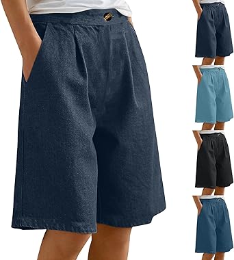 Womens Baggy Bermuda Jorts Knee Length Denim Shorts Buttons Elastic High Waisted Wide Leg Long Jeans Shorts