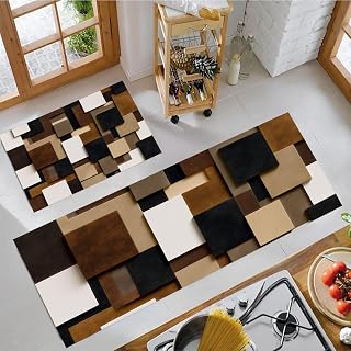 Cuadrado Retro 3D Juego De Alfombras De Cocina De 2 Piezas, Juego De Alfombras De Geométrico Moderno, Marrón Óxido Antideslizantes Lavables Tapetes De Cocina para Interior, 43X75+43X150Cm