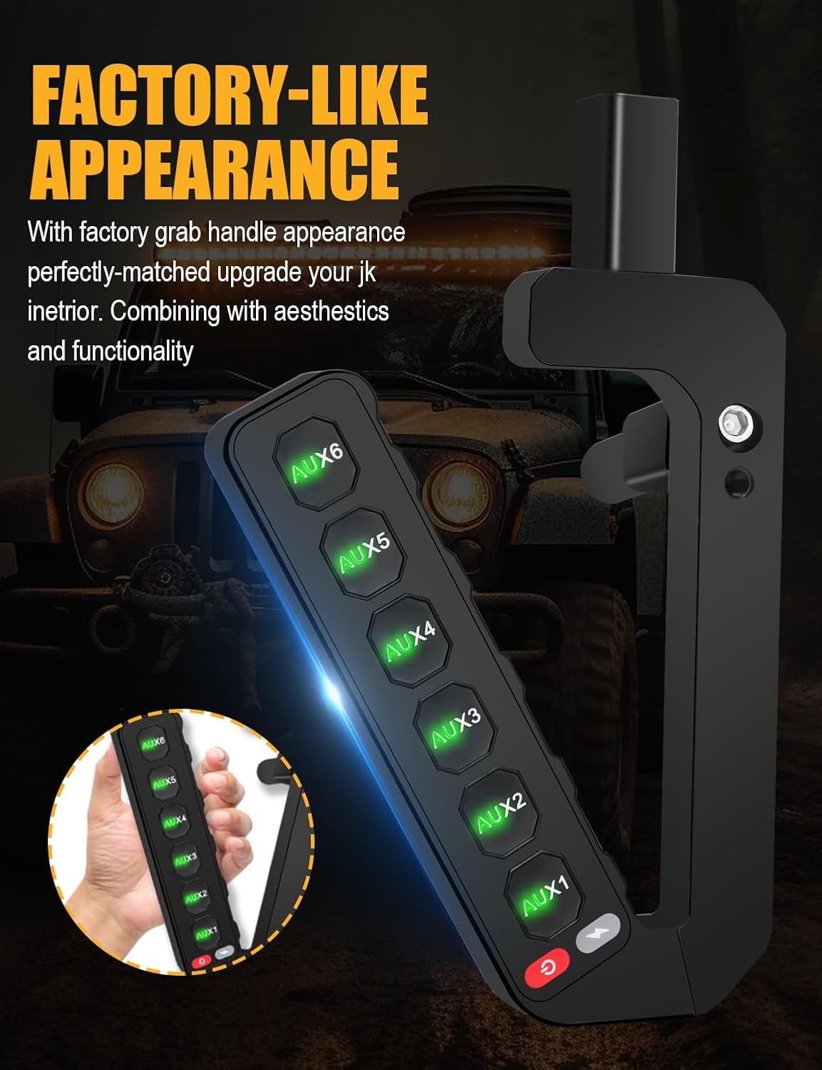 Grab Handle Switch Panel for JK, 6 Gang Wireless Switch Panel Armrest Switch Panel Compatible with Jeep Wrangler JK JKU 2007-2018 with Integrated Control Box & Type-C Charging