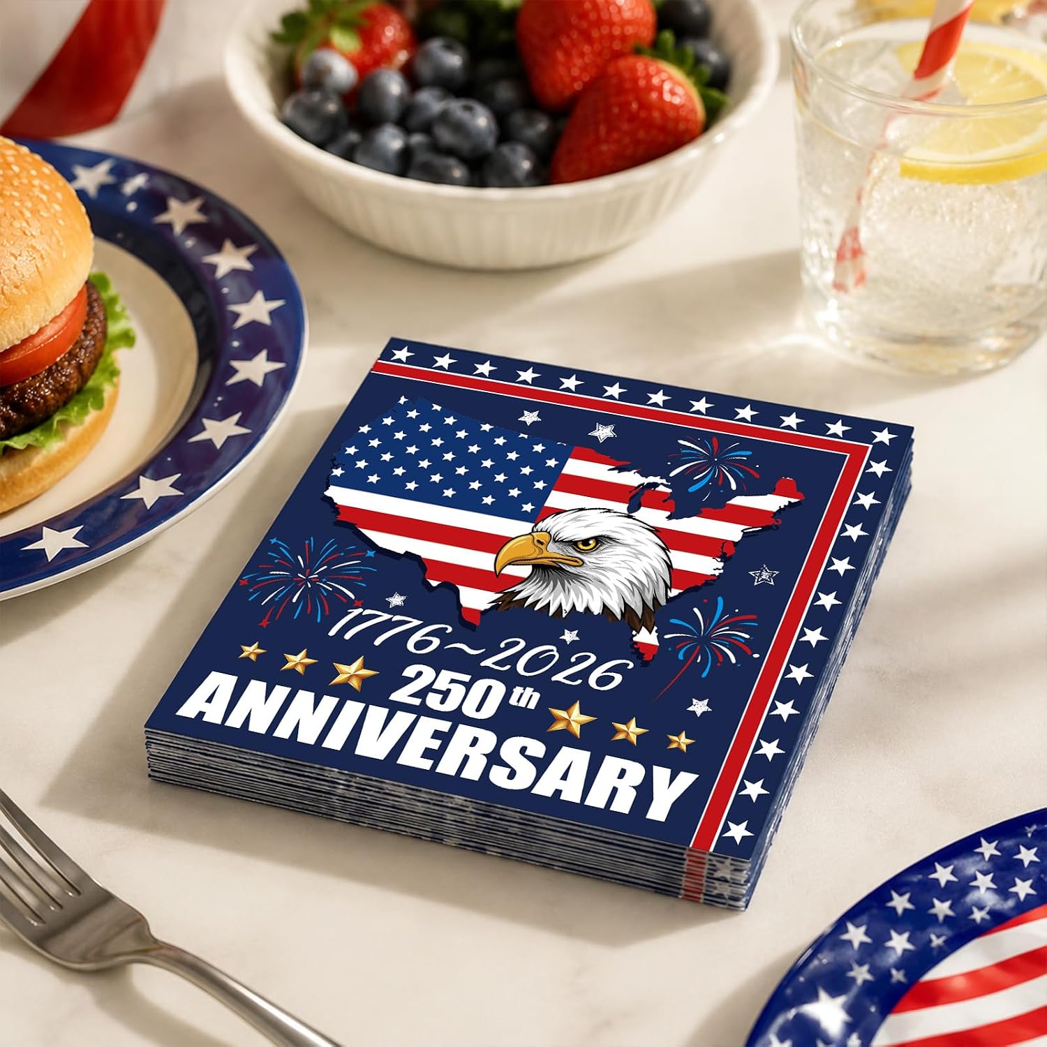 50Pcs 250th Anniversary Patriotic Paper Napkins, 13 x 13 Inch Unfolded Disposable Cocktail Napkins with American Flag Bald Eagle Design for 1776-2026 Independence Day Fourth of July Party Supplies
