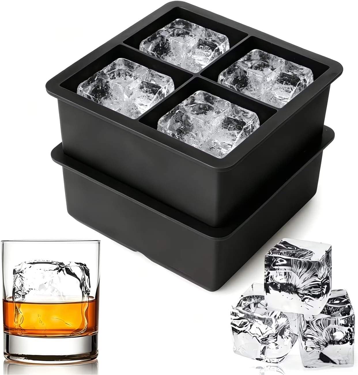 2 Inch Large Silicone Ice Cube Tray, 8 Big Ice Cubes, 2 Pack Square Ice Cube Mold for Whiskey Bourbon Cocktails, BPA Free Ice Maker Tray, Easy Release Reusable Freezer Tray(4 Cube)