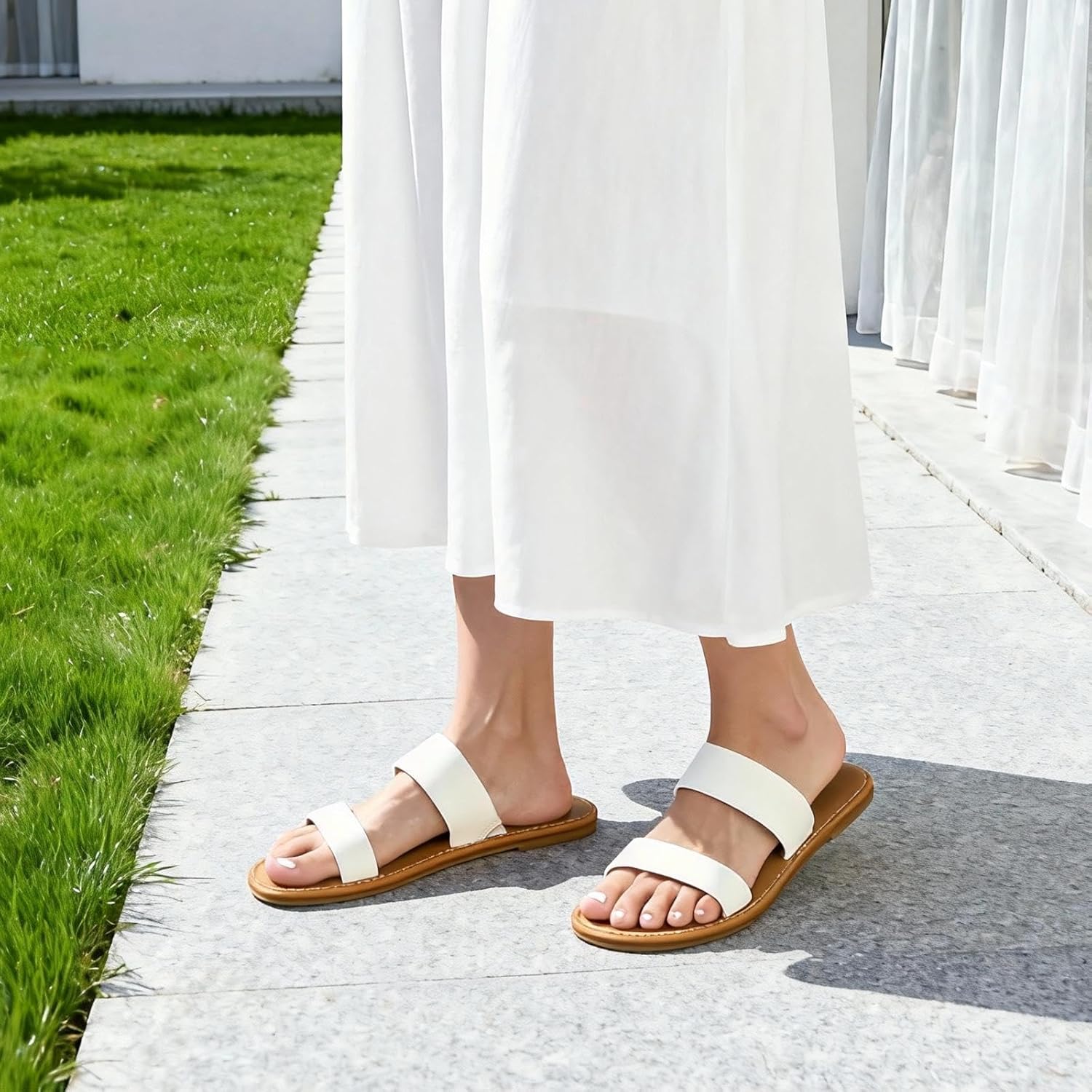 Putu Women's Two Strap Flat Sandals Casual Slide Sandals Slip on Summer Sandals - Image 2