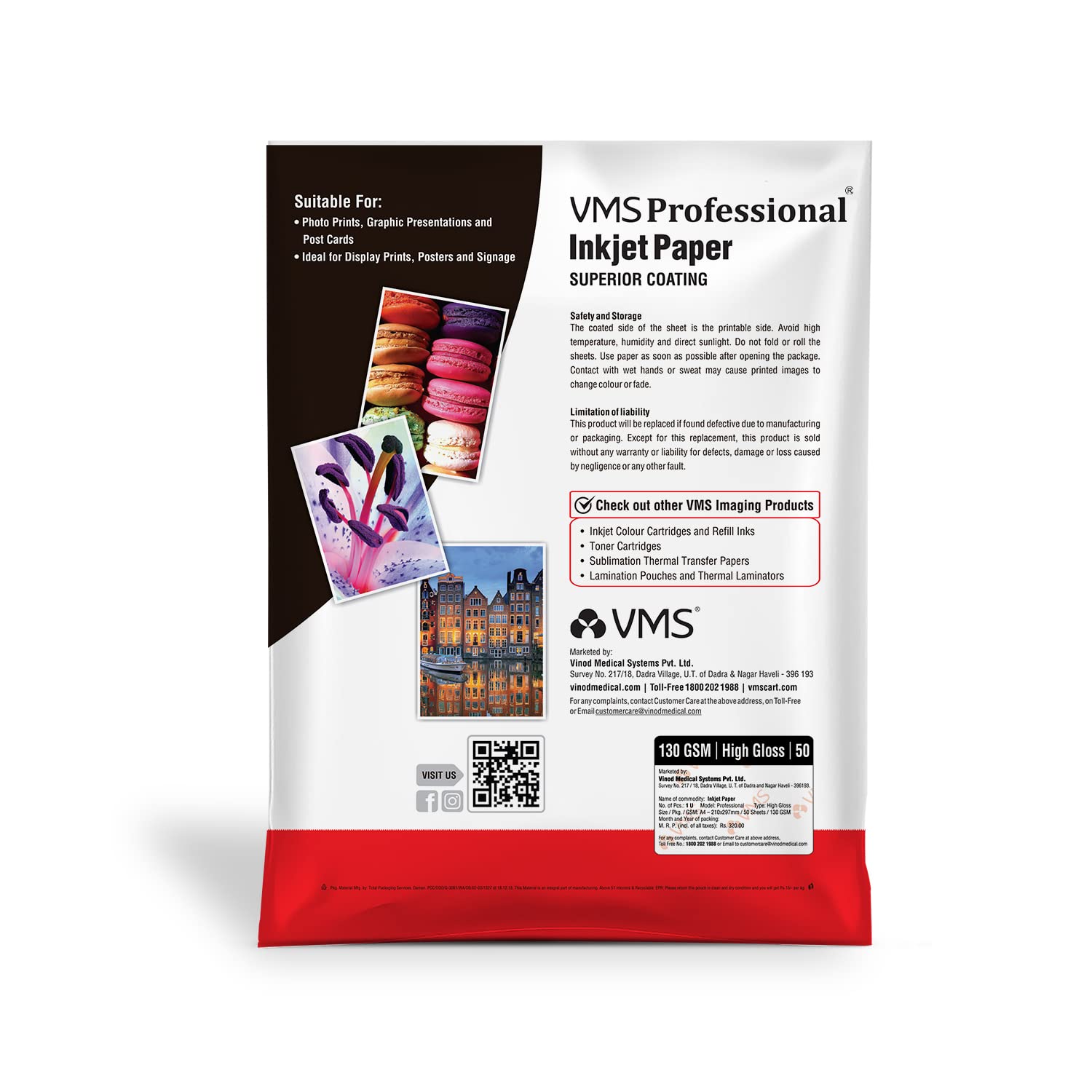 VMS Professionelles Fotopapier, 130 g/m², A4, glänzend, wasserabweisend, 10 x 50 Blatt, kompatibel mit allen Tintenstrahldruckern