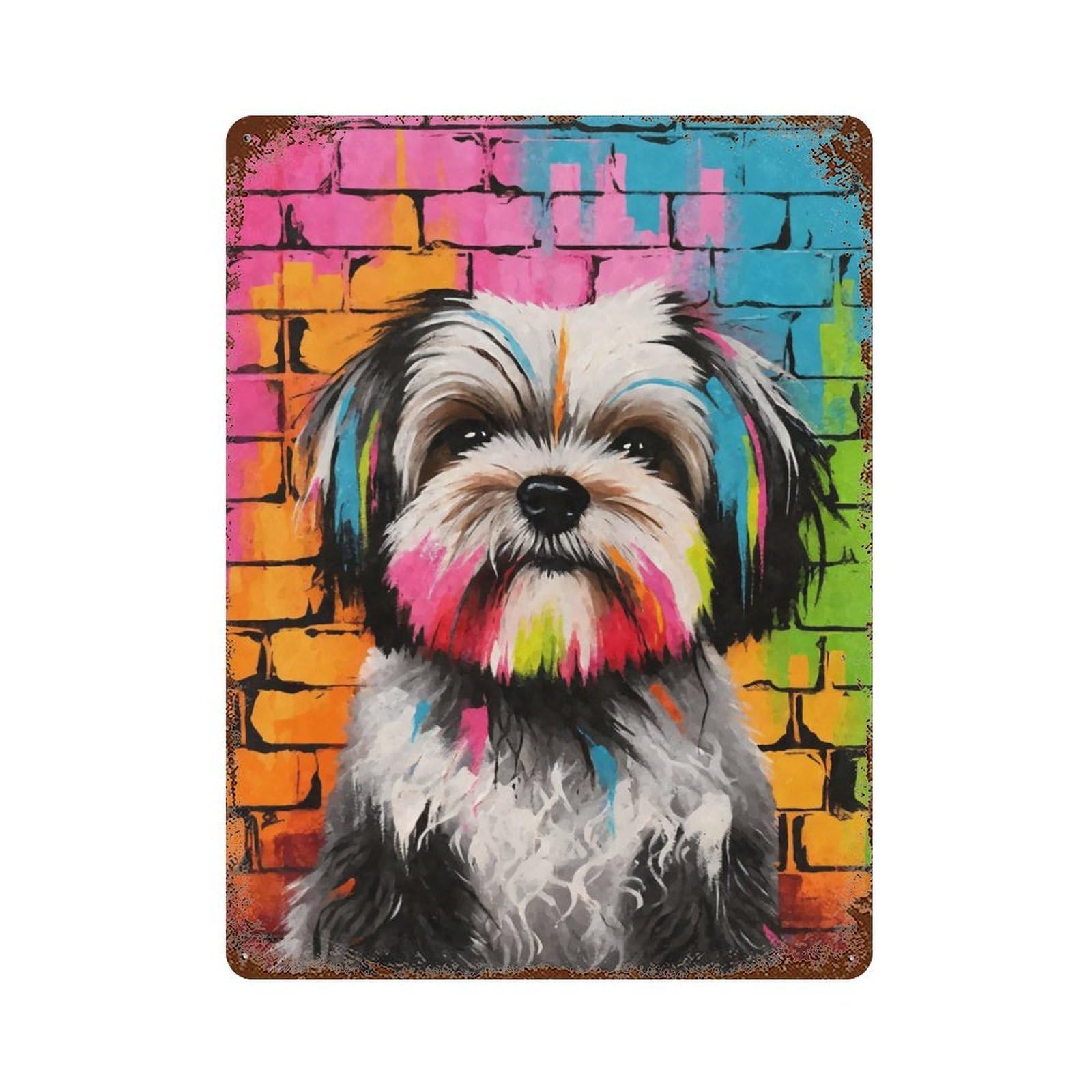 Shih Tzu Dog Graffiti 15.7"x11.8" Rusty Metal Tin Sign, Novelty Wall Decor for Cafe, Home Bar And Lounge Decor