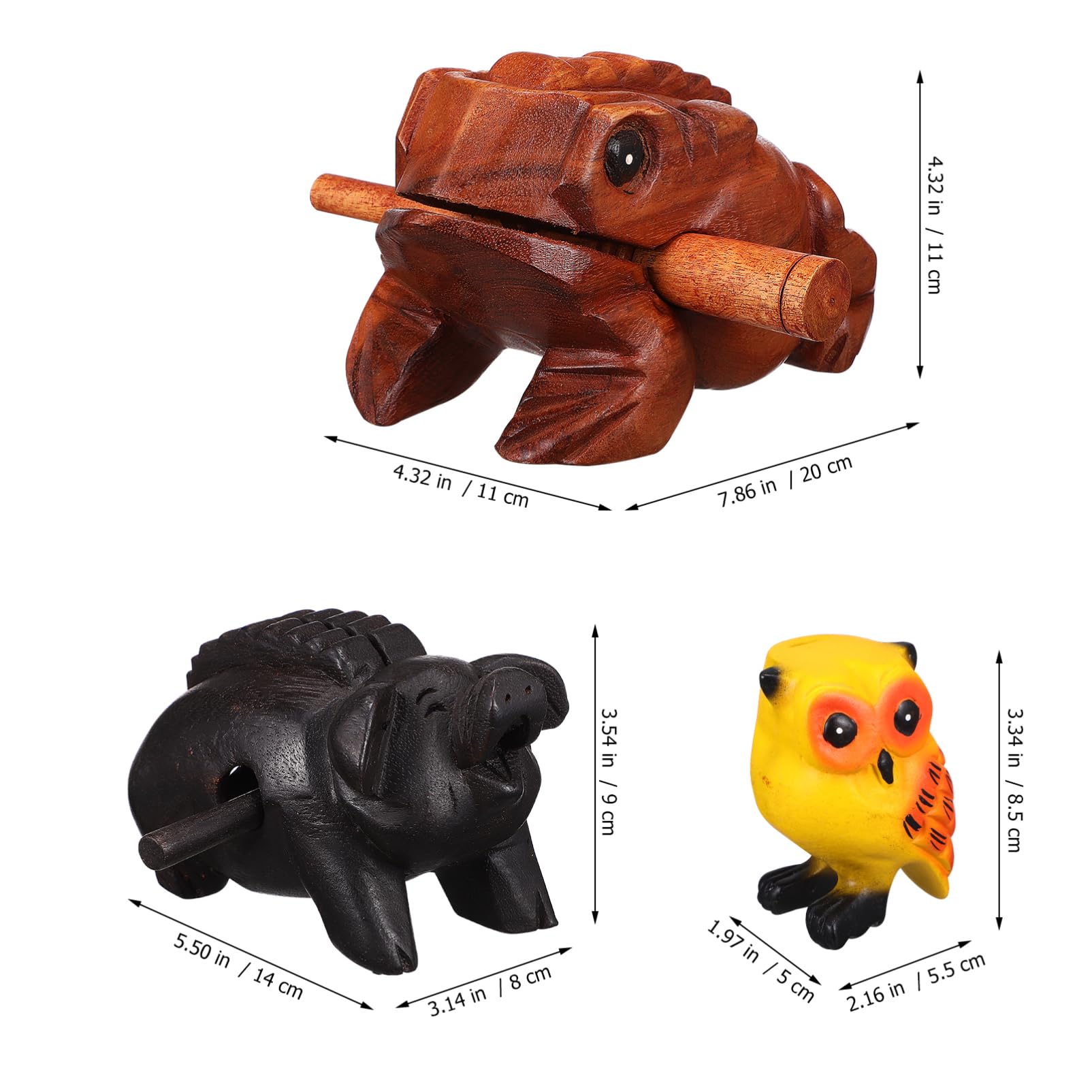 ABOOFAN 3 Pezzi Blocchi Sonori in Legno a Forma di Rospo, Maiale e Gufo, Strumento a Percussione Bordo Liscio, Regalo per Famiglia e Amanti degli Animali