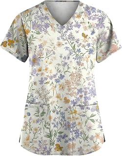 Scrubs for Women Animal Print Tops Short Sleeve Cartoon Pattern V Neck Stretchy Nursing Uniform with Pockets