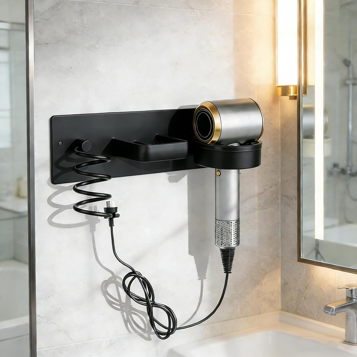 Hair Dryer Holder Wall Mounted Curling Iron Holder Flat Iron Blow Dryer Holder 3 in 1 Hair Tool Organizer Rack for Bathroom (Black-A)