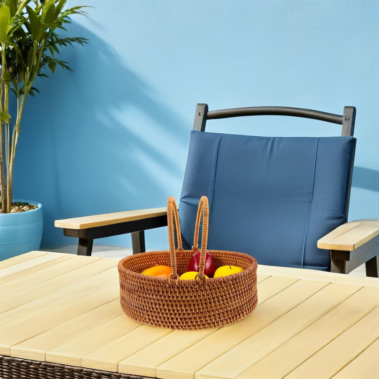 jojofuny Cesta de Ratán Grande Tejida a Mano con Asa Resistente Cesta Multiusos para Picnic y Almacenamiento de Frutas para Organización del Hogar y Transporte Fácil