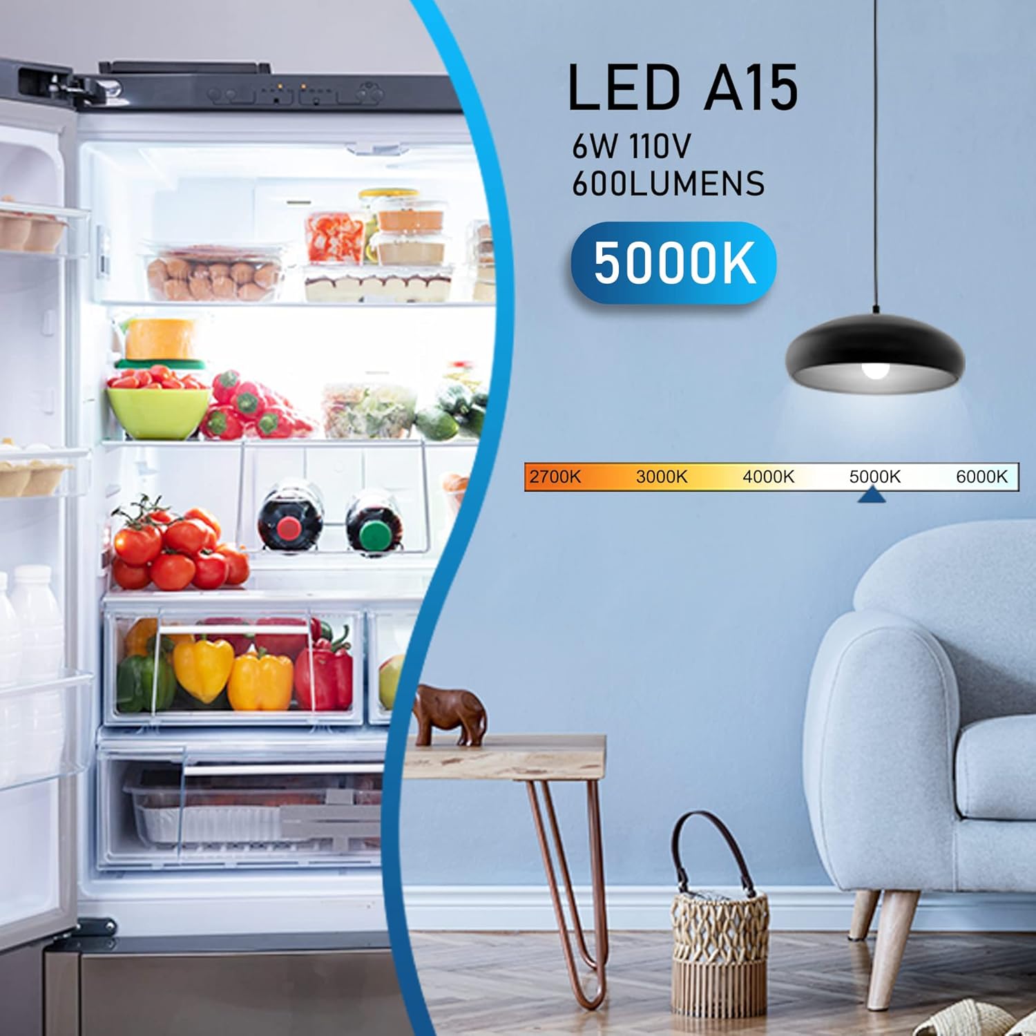 hansang Refrigerator Light Bulb E26 Base, 60Watt Equivalent, 5000K Daylight, Watreproof Appliance Fridge Bulbs, A15 LED Small Light Bulb Frigidaire Freezer Bulbs, 120V, 600LM, 2 Pack, Non-Dimmable