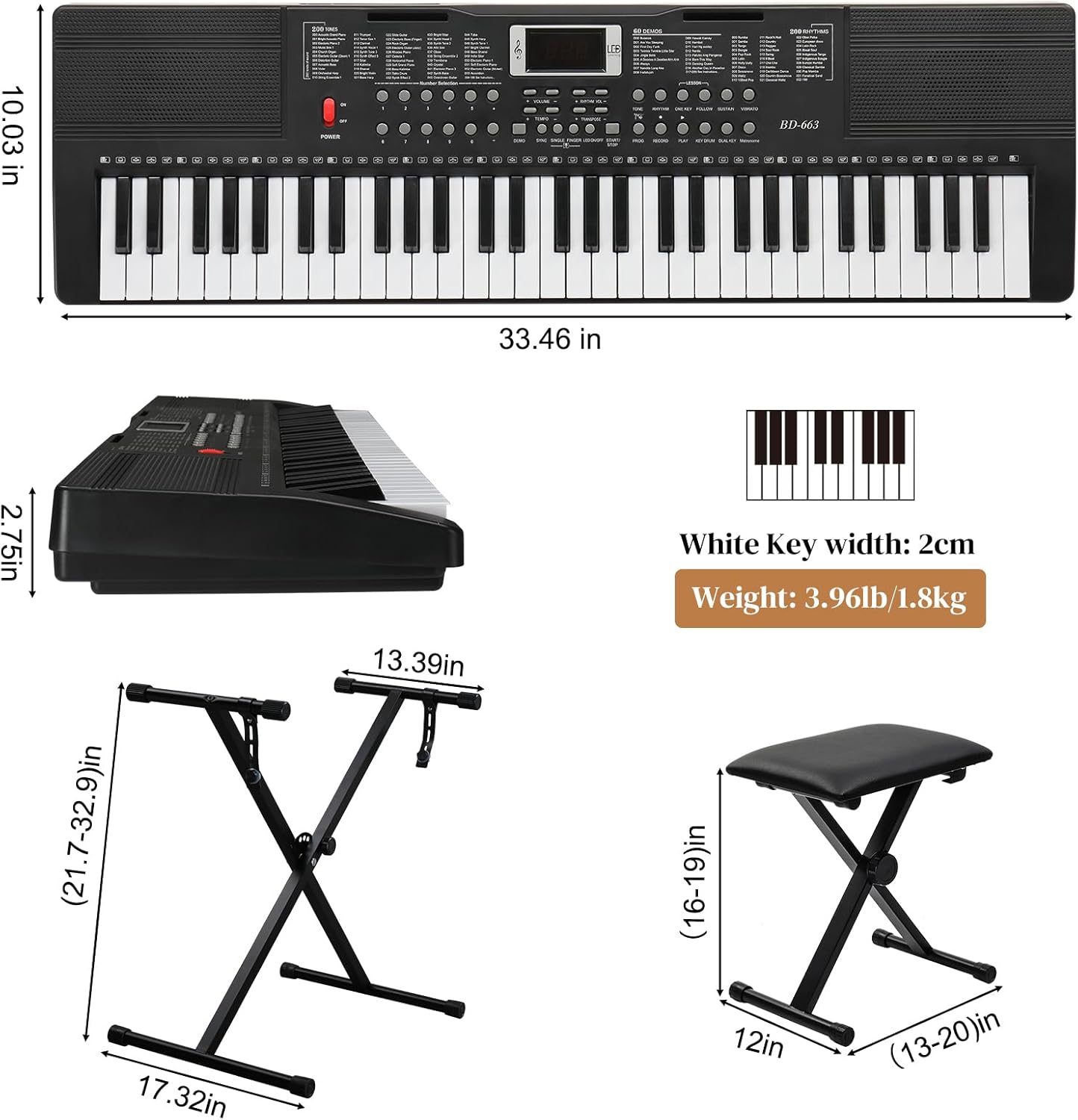 Ktaxon 61 Key Keyboard Piano with 200 Timbres, 200 Rhythms & 60 Demos, Piano Keyboard Includes Stand, Stool, Headphones, Microphone, Note Stickers, Music Holder & Manual (Compact X Stand- Black)