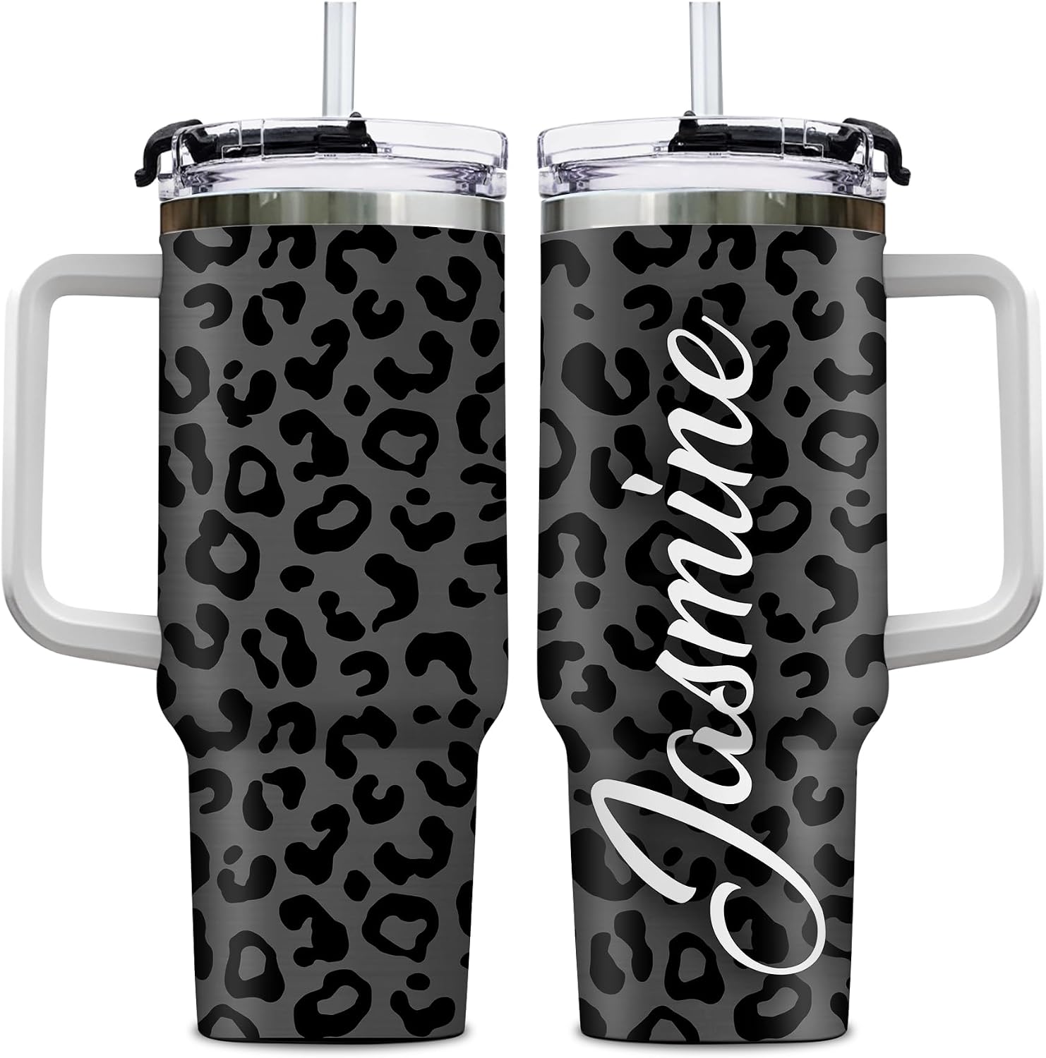 Hyturtle Personalized Leopard Print 40oz Tumbler with Handle and Straw Gifts For Girls Women, Black Leopard Pattern Gifts on Birthday Mothers Day Custom Insulated Stainless Steel Travel Cup With Lid