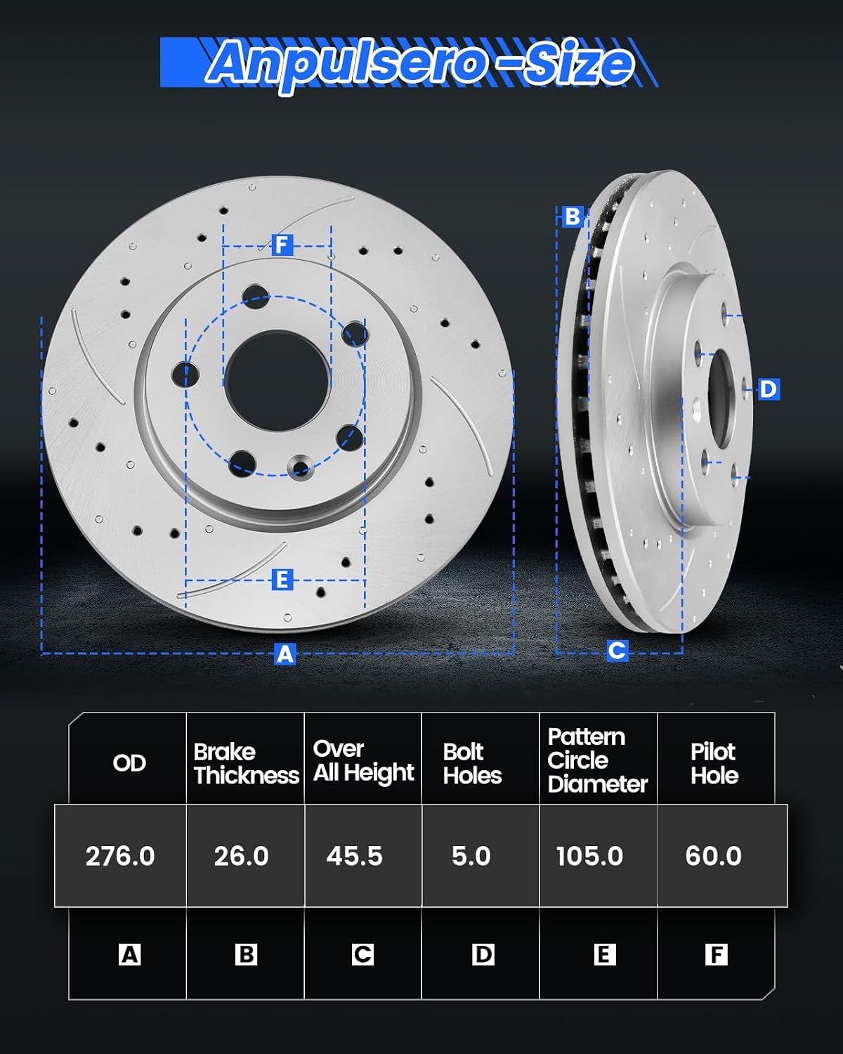 Anpulsero Brake Pads And Rotors Kit Front Compatible with 2011-2015 Chevrolet Cruze, 2012-2017 Sonic, Automotive Replacement Brake Kits Geomet 55185 D1522-8697 Drilled And Slotted Rotors 276mm(10.9in)