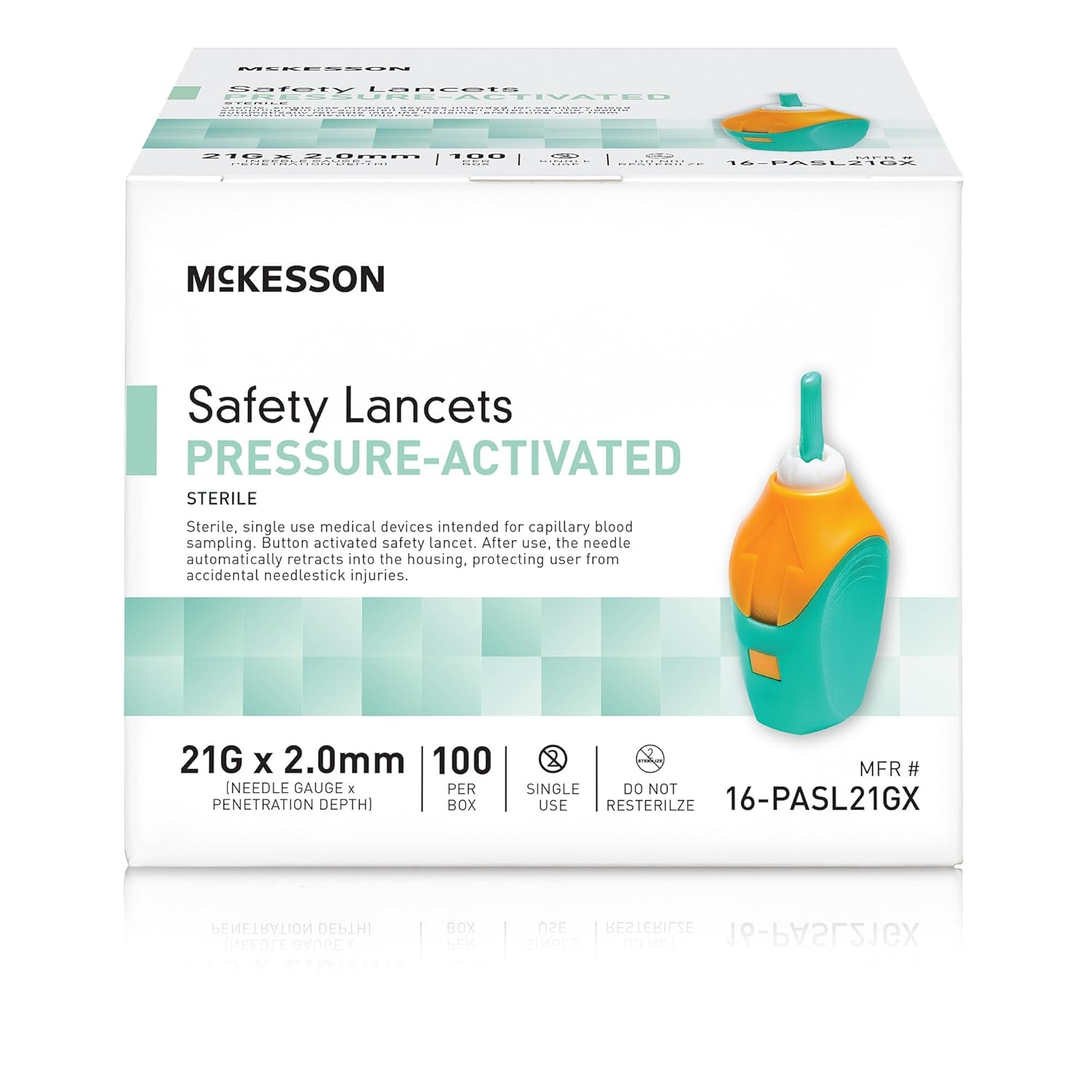 McKesson Lancets for Diabetes Testing [100 Count] Lancing Device for Blood and Glucose Test, 21G x 2.0 mm, Pressure-Activated, Sterile, Single Use
