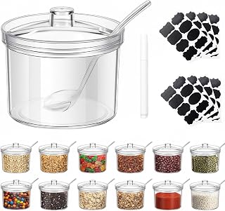 ZILAMGOO 12-Piece Acrylic Sugar Containers with Lids & Spoons - 7.1 oz Clear Sugar Bowl Dispenser for Coffee Bar, Ice Cream Sundae Toppings, Condiment Organizer Set