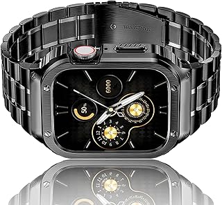 HASLFM Apple Watch Band with Case Compatible for iWatch Series Ultra(49mm) 8/7(45mm/41mm) 6/5/4/SE(44mm/40mm) 3/2/1(42mm/38mm), Stainless Steel iWatch Bands and Metal Bumper Cover for Men