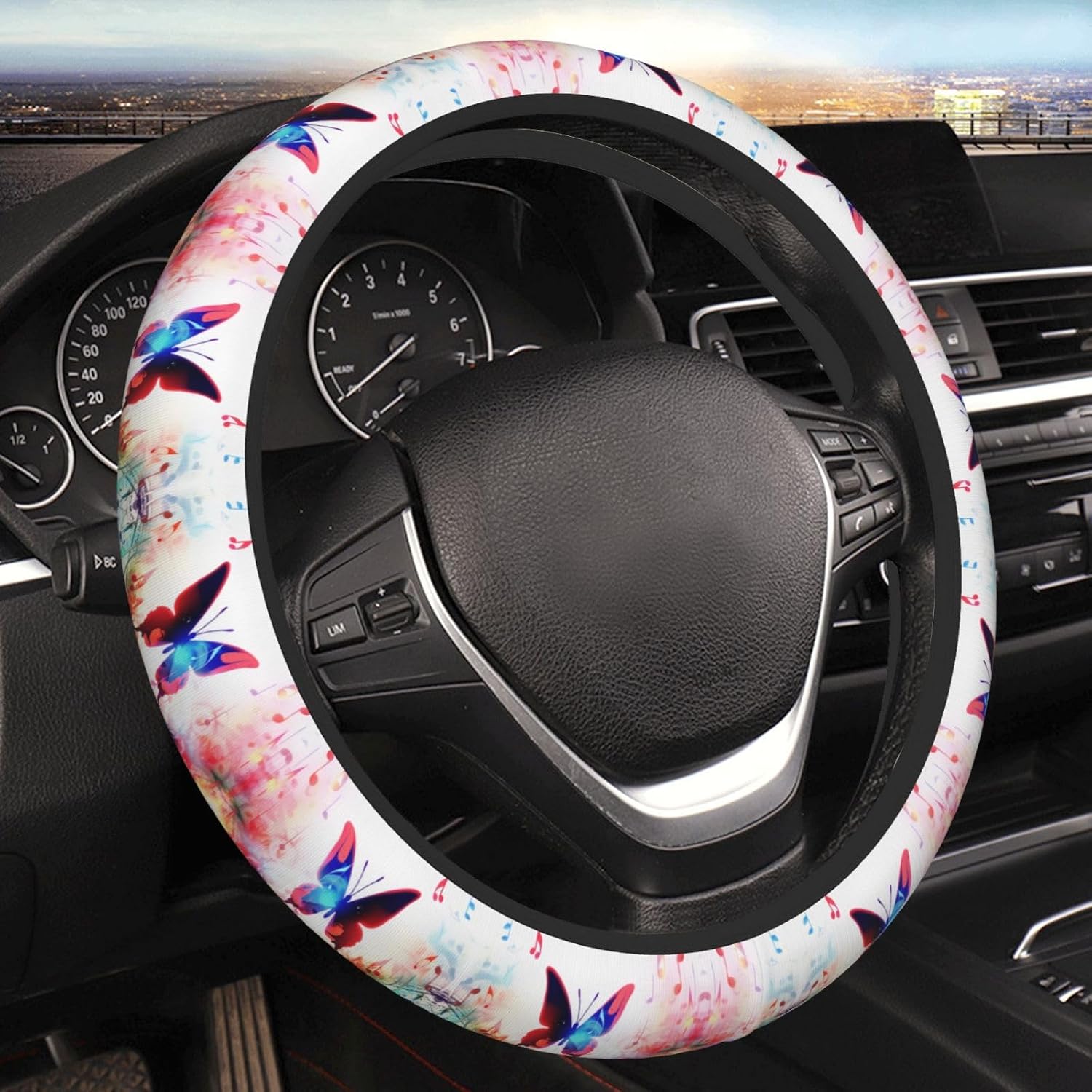 Car Elastic Steering Wheel Cover Universal 15 Inch Vehicle Stretch Steering Wheel Cover Protector Music Butterfly Auto Protective Cover Novelty Car Interior Accessories for Men Women