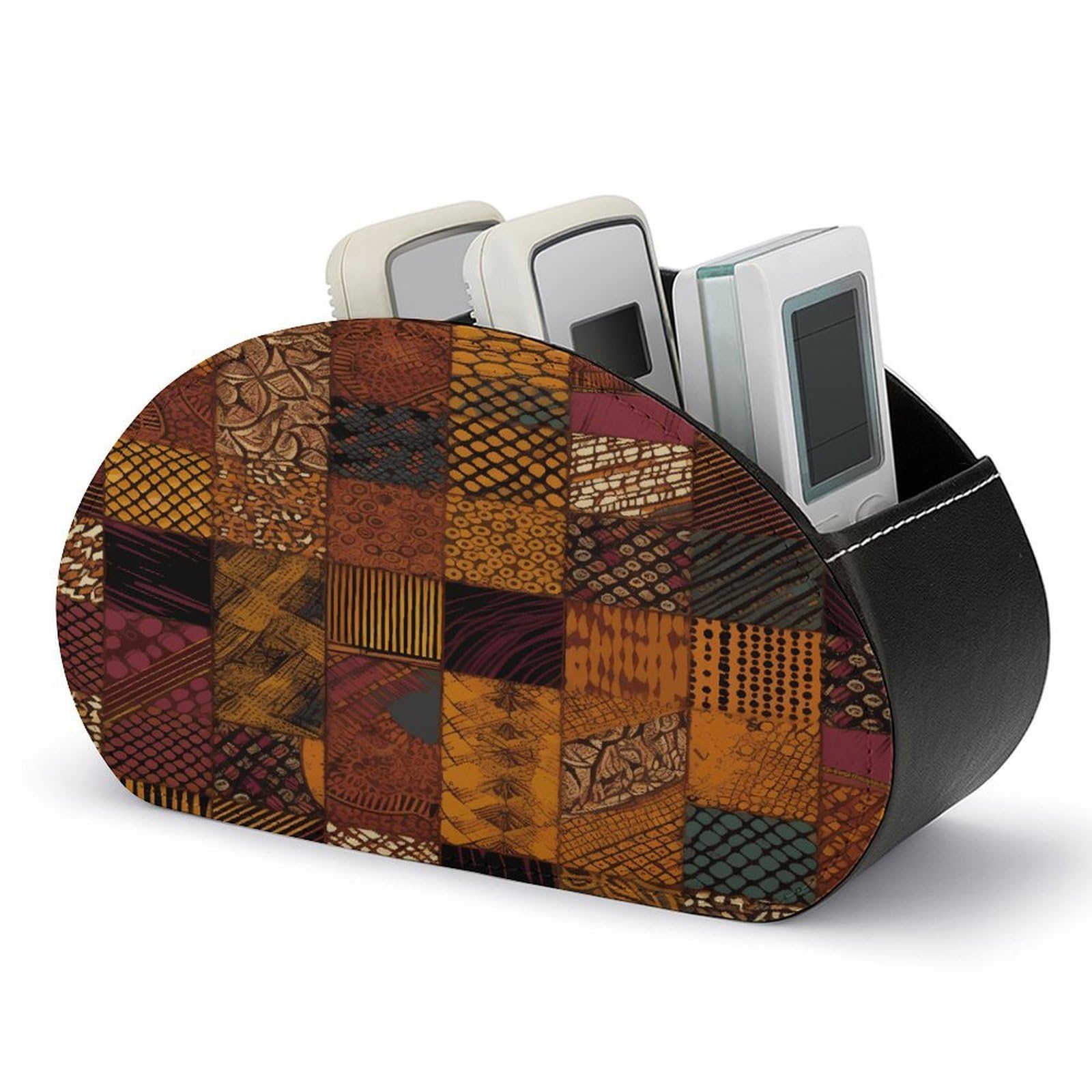 VstaDank African Style Patchwork Remote Control Holder Farmhouse TV Media Remote Storage Box with 5 Compartments PU Leather Remote Caddy Desktop Organizer for Home Bedside Table Organizer